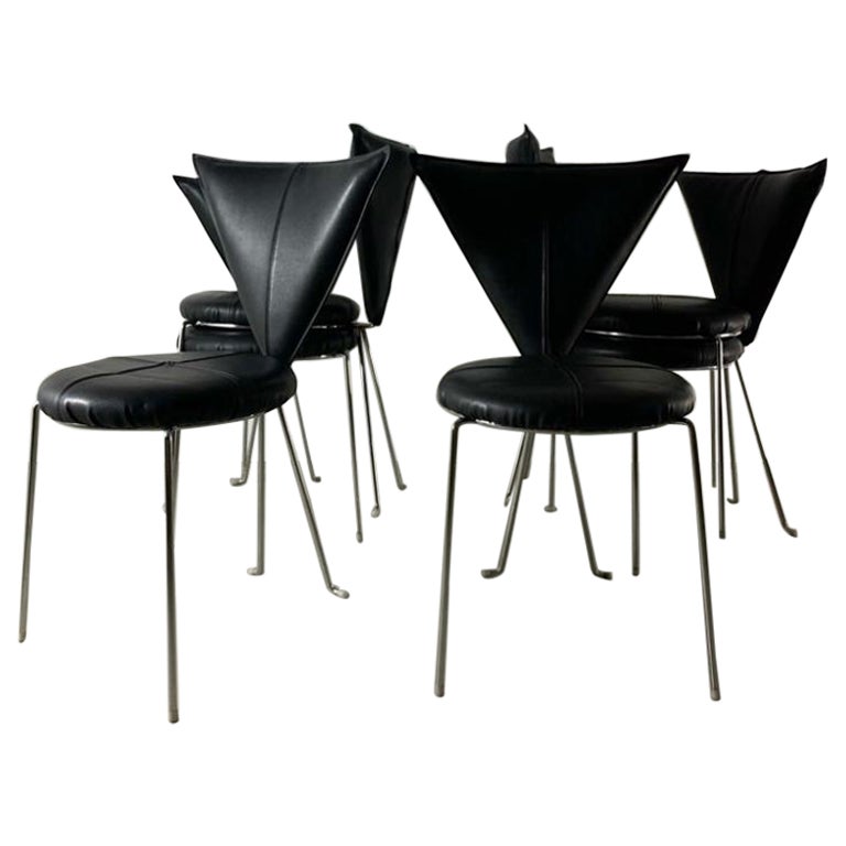 Set of 6 Black Leatherette Metal Chairs From Lubke, Germany 1990s For Sale
