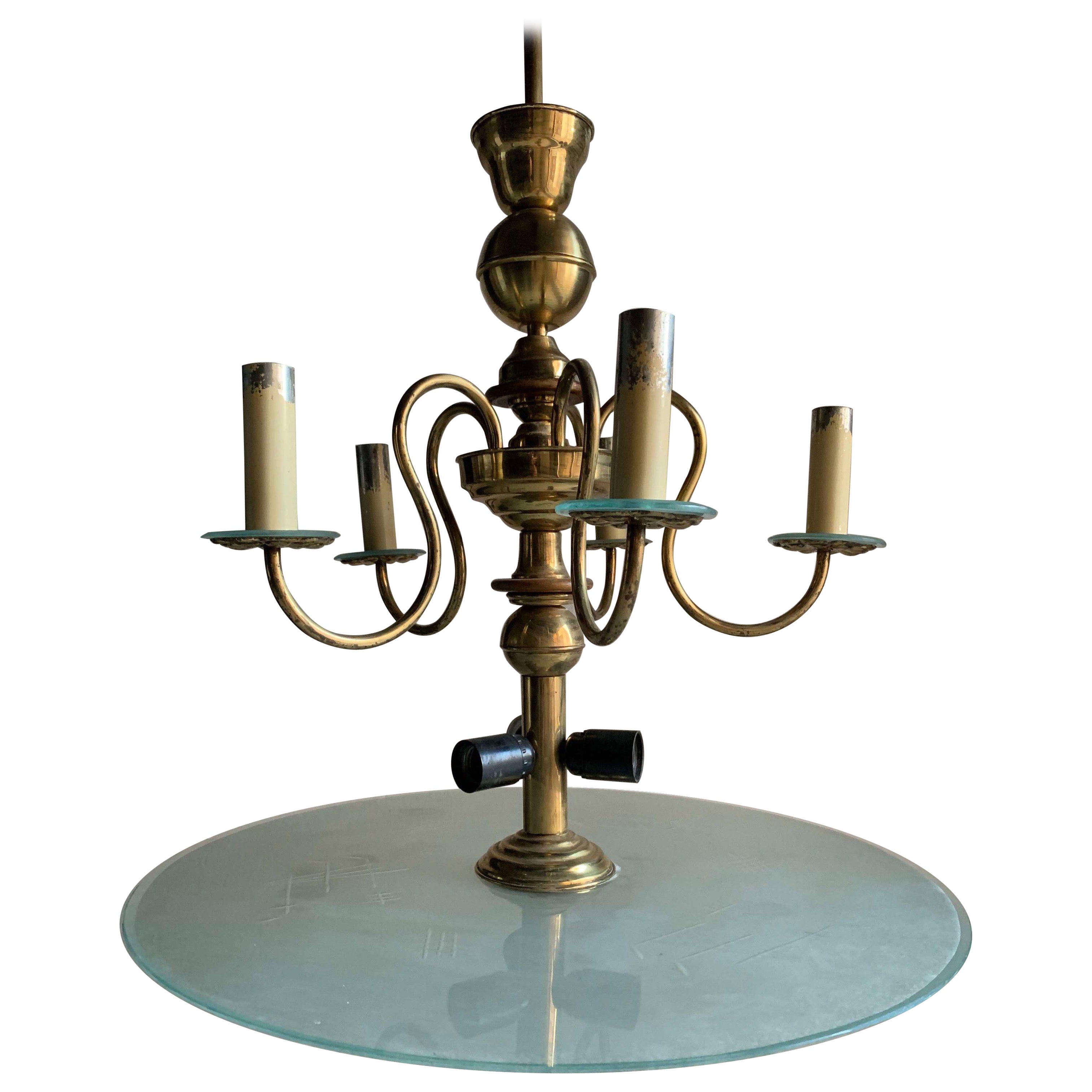 Large Art Deco Brass Glass Chandelier, 1930s For Sale