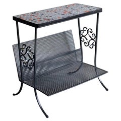 Vintage Mosaic Black Metal Side Table Magazine Holder, France 1950s