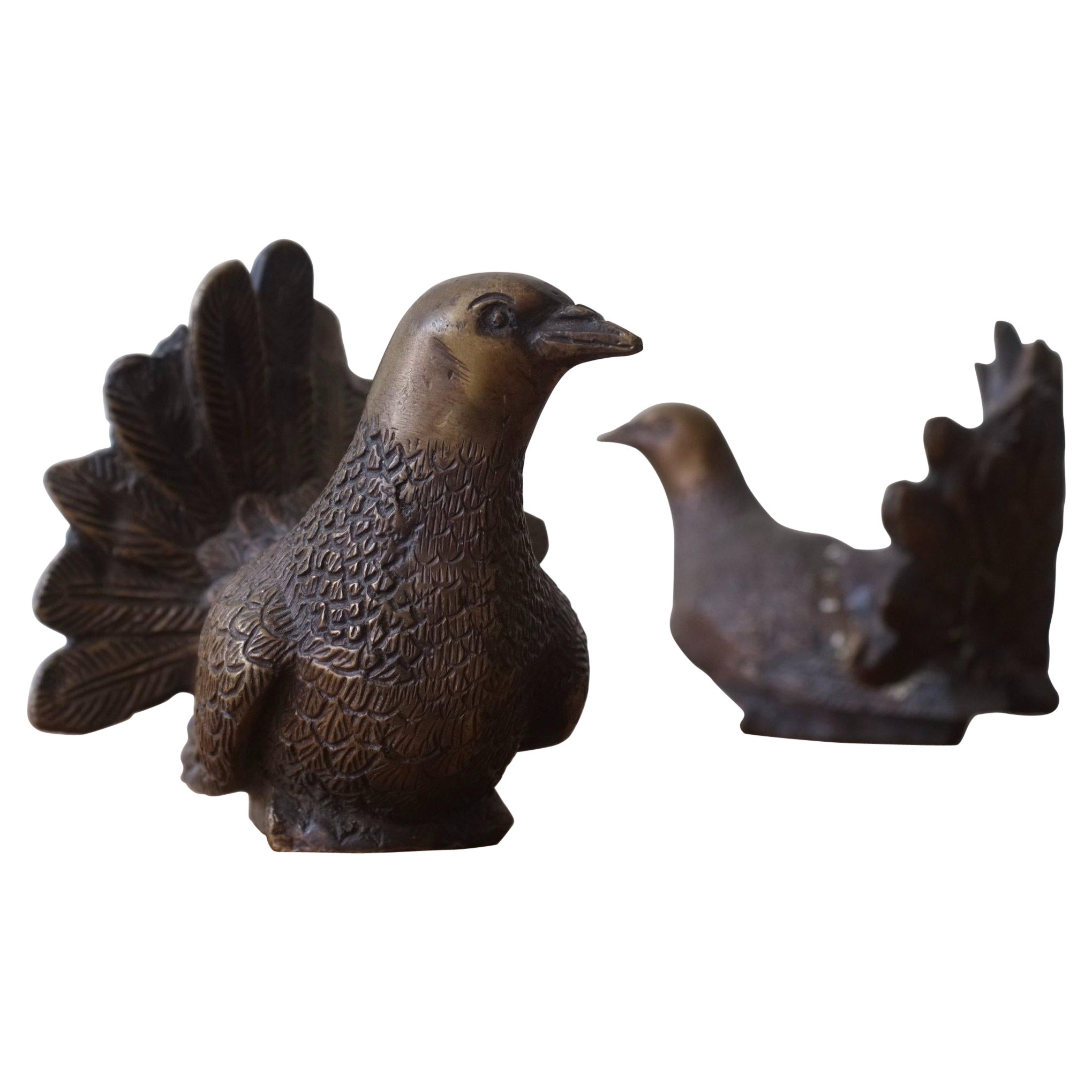 Set of 2 Bronze Pigeon Bird Figurines For Sale