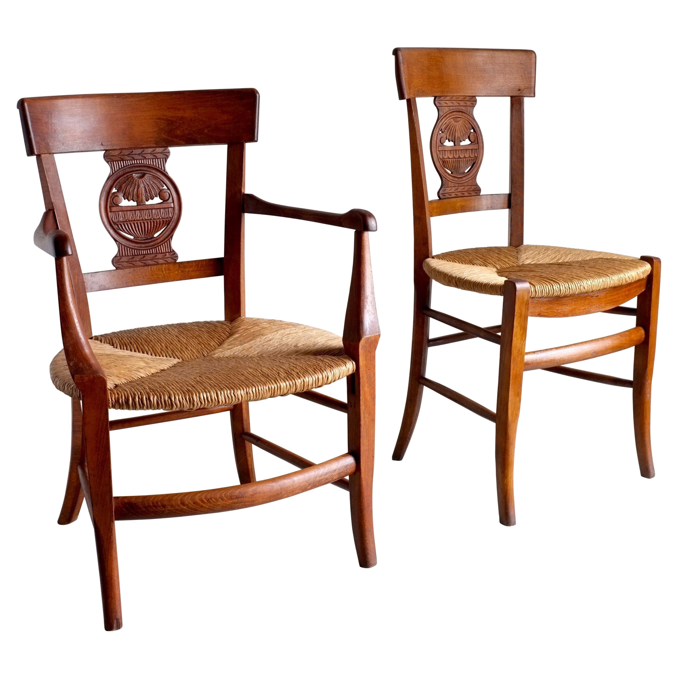 Set of 2 Carved Wood Rush Seat Chairs, Belgium For Sale