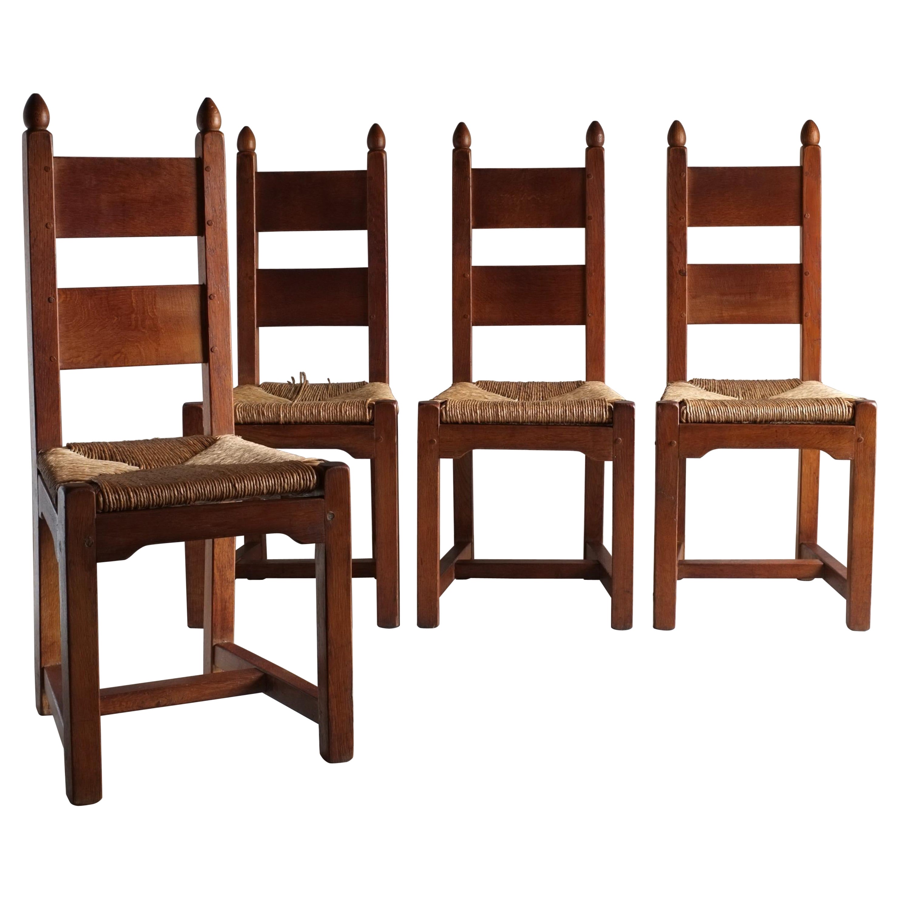 4 Brutalist Oak Rush Seat Chairs, France 1960s