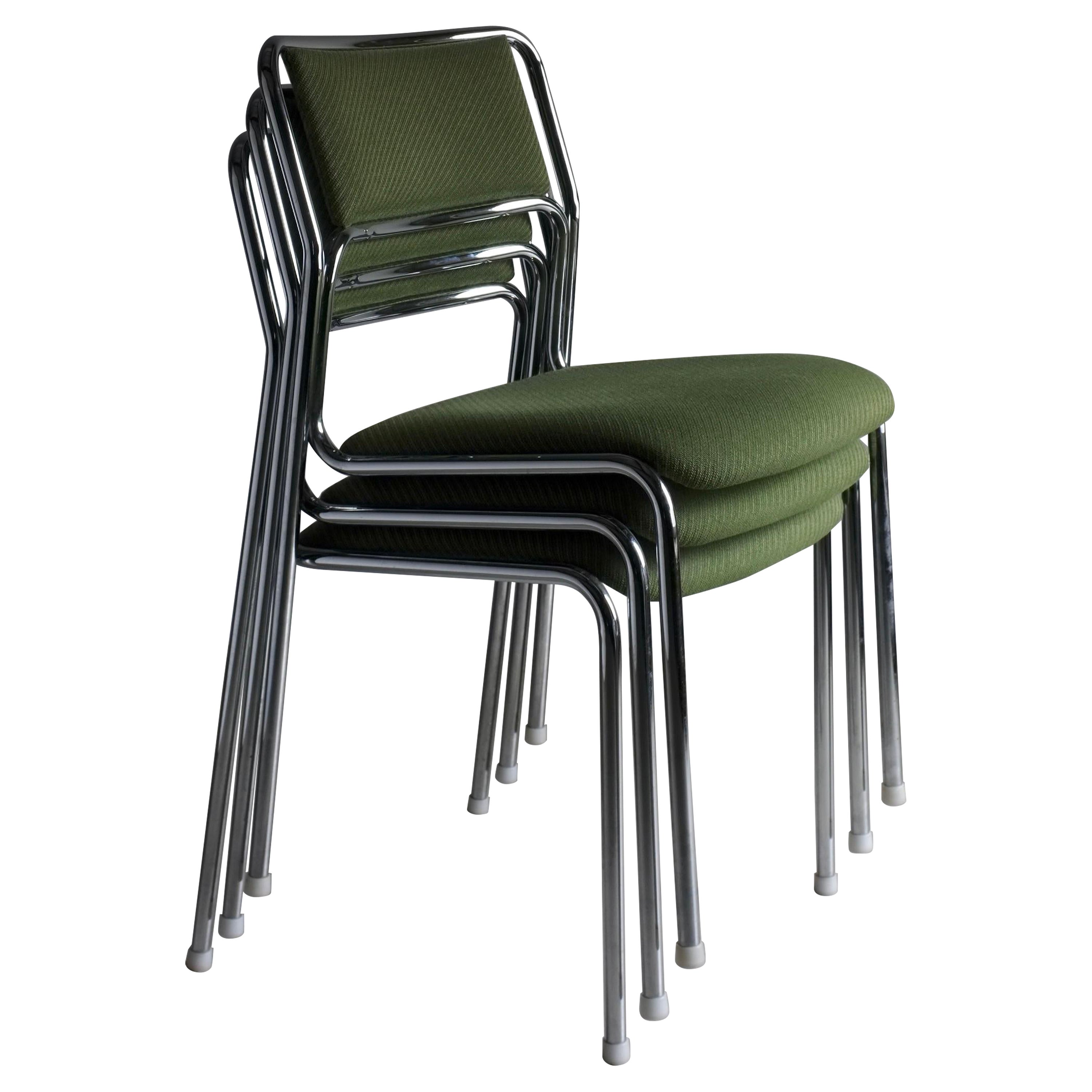 3 Green Tubular Steel Stacking Chairs, Sweden 1970s For Sale