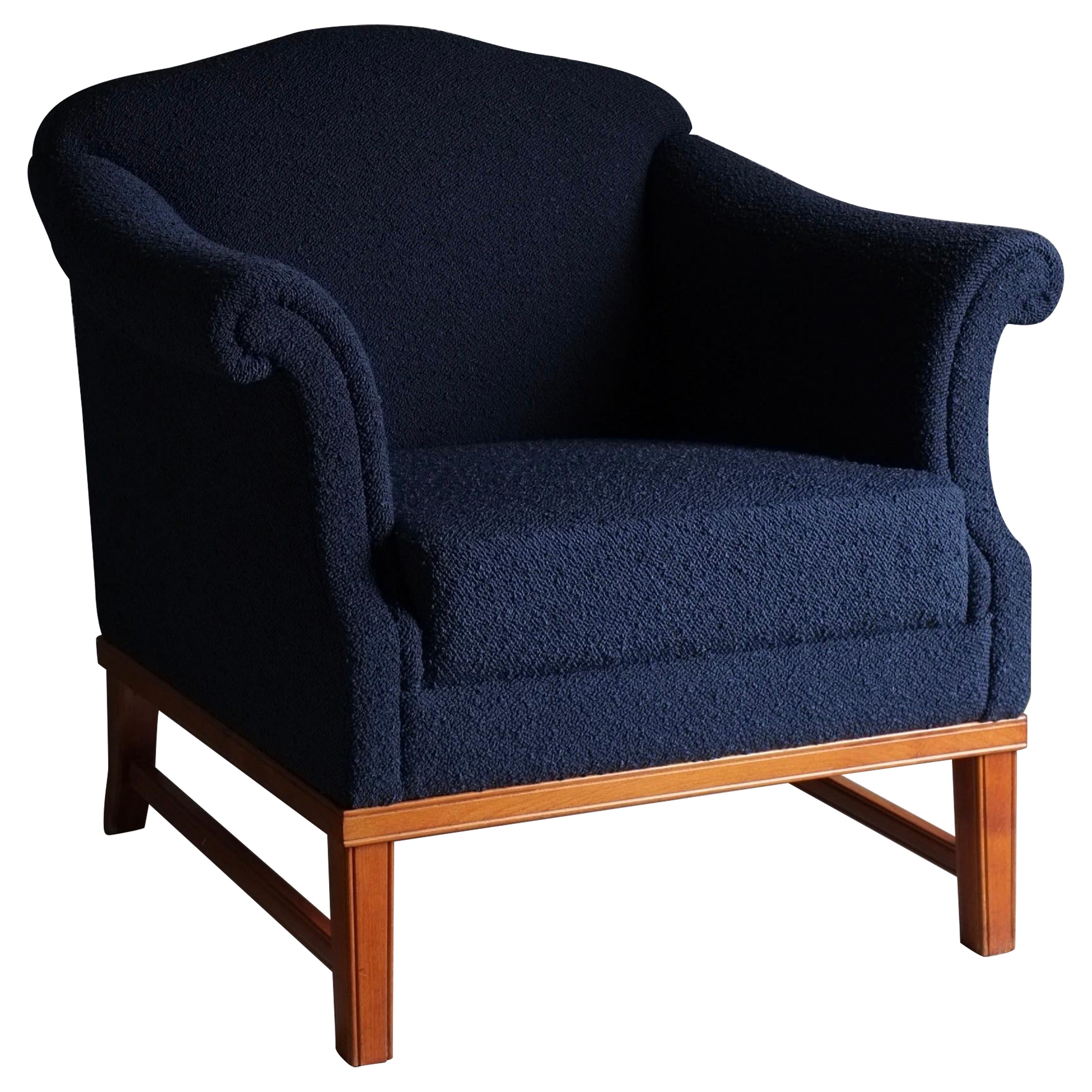 Navy Boucle Lounge Chair, Sweden 1940s For Sale