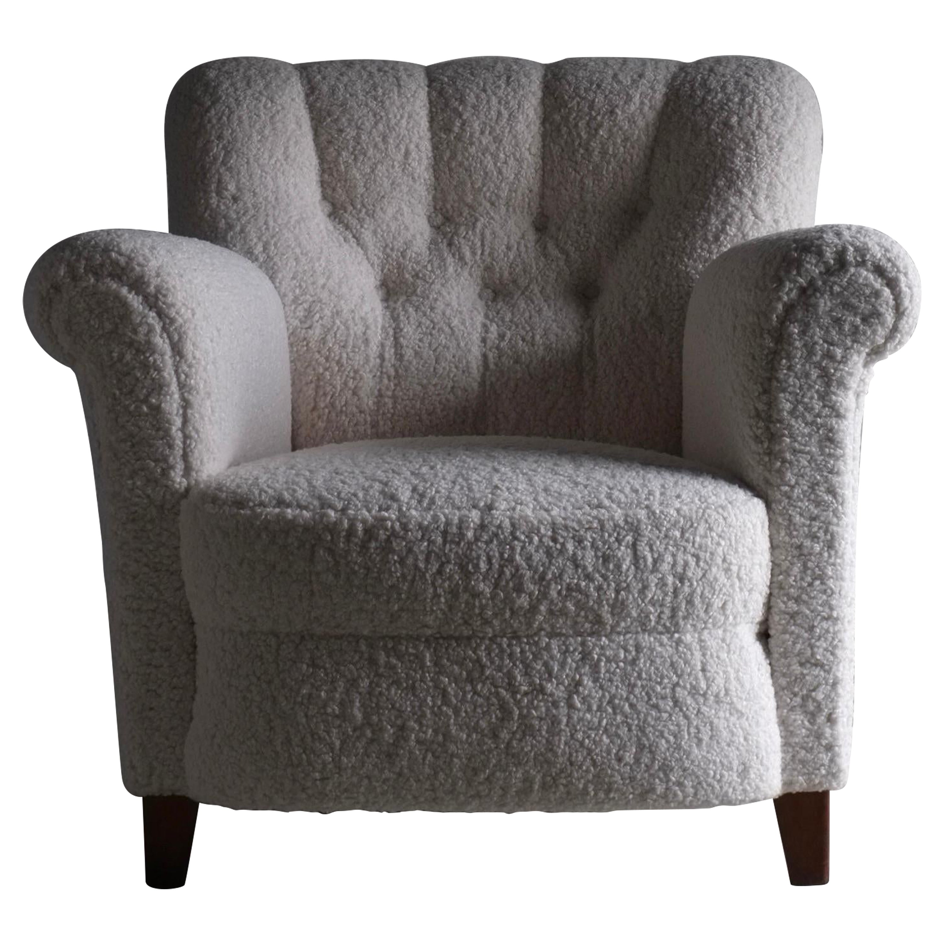 White Faux Shearling Lounge Chair, Sweden 1940s For Sale