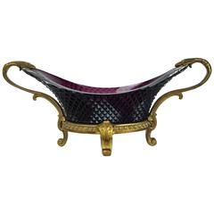 Antique Neoclassical Russian Empire Style Amethyst Color Cut Glass and Bronze Oval Bowl