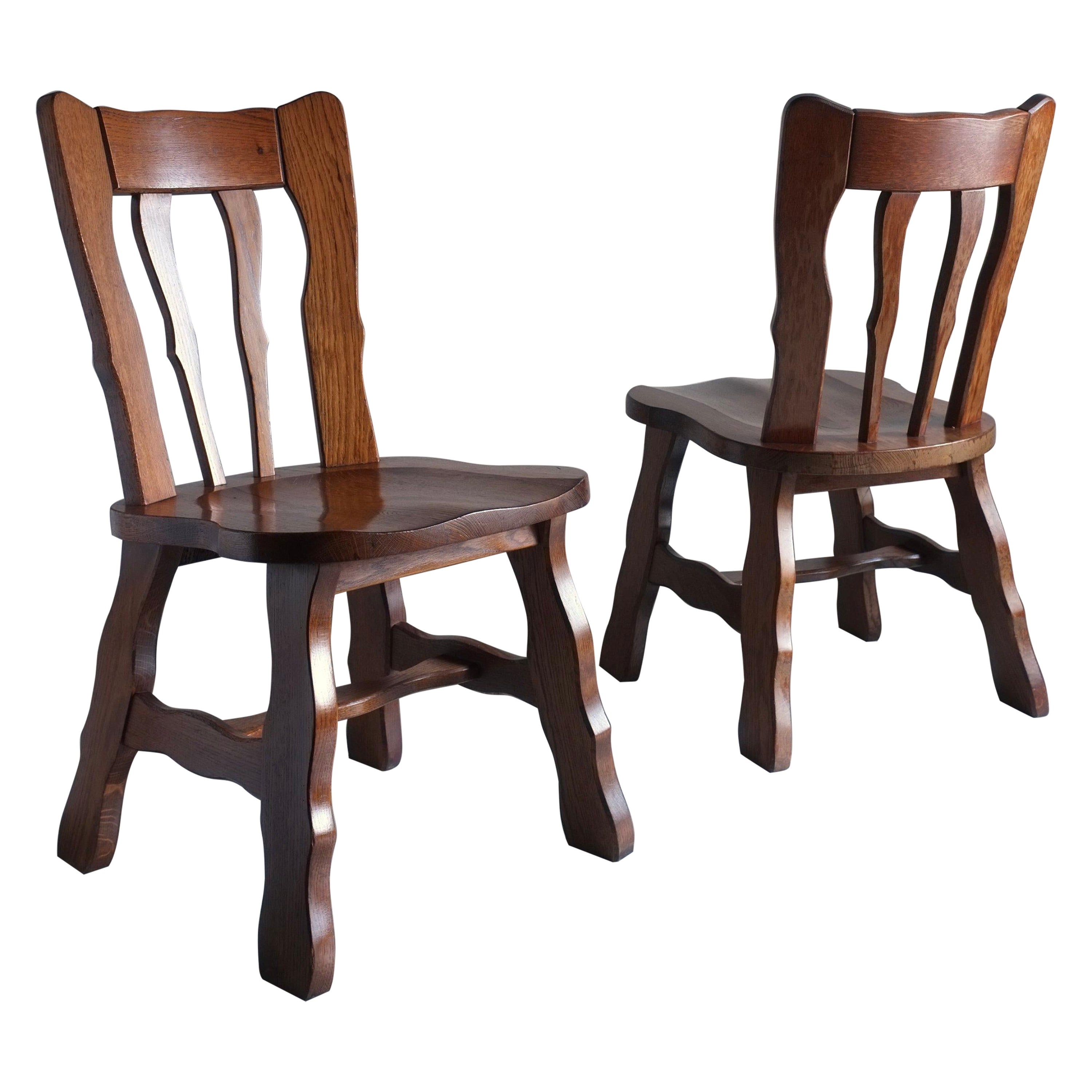 Brutalist Carved Oak Dining Chairs, Belgium, 1970s, Set of 2 