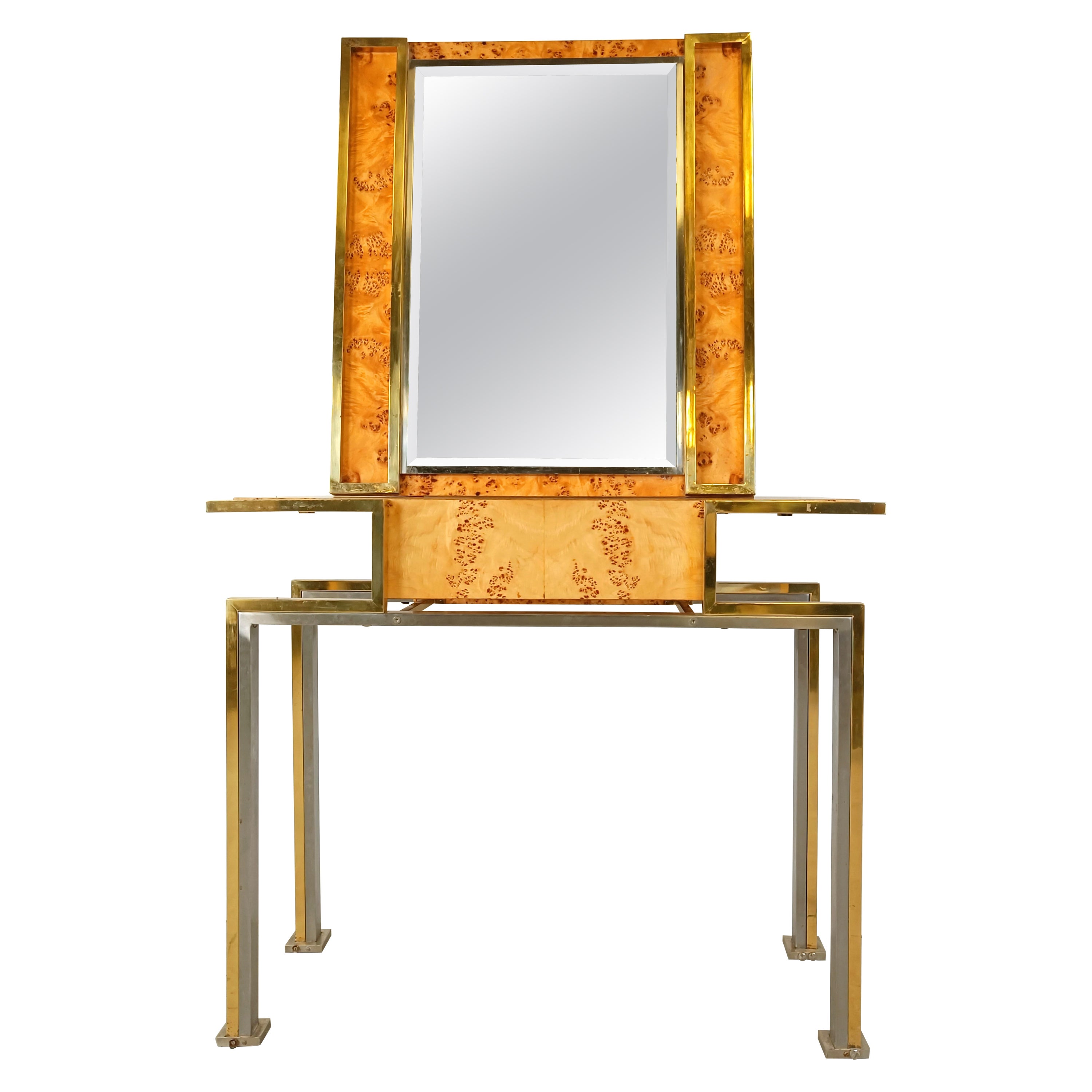 Vintage burl wood console with mirror, Italy, 1970s For Sale