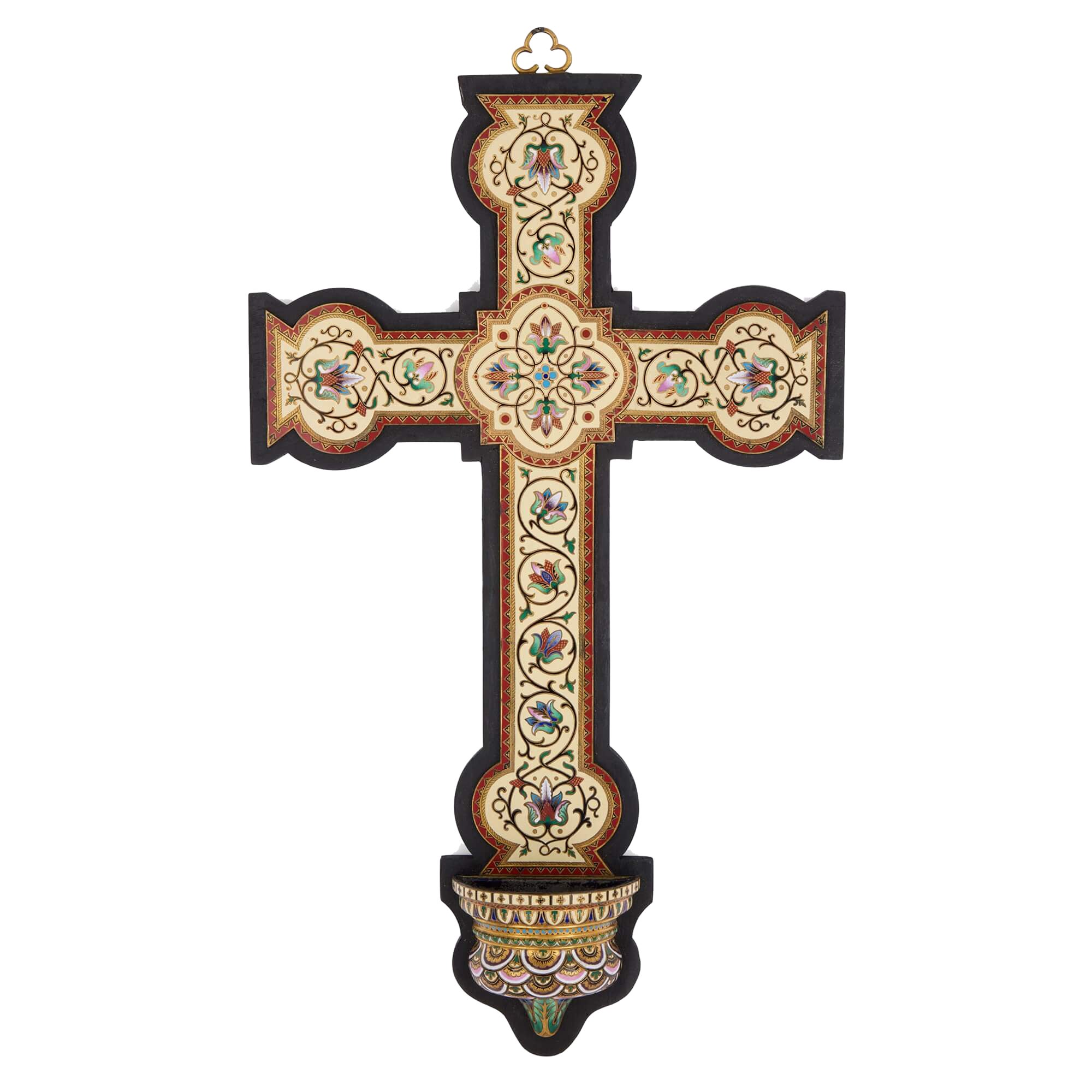 Crucifijo de pared antiguo grande de esmalte cloisonné con fuente