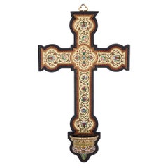 Antique Large Cloisonné Enamel Wall Crucifix with Font 