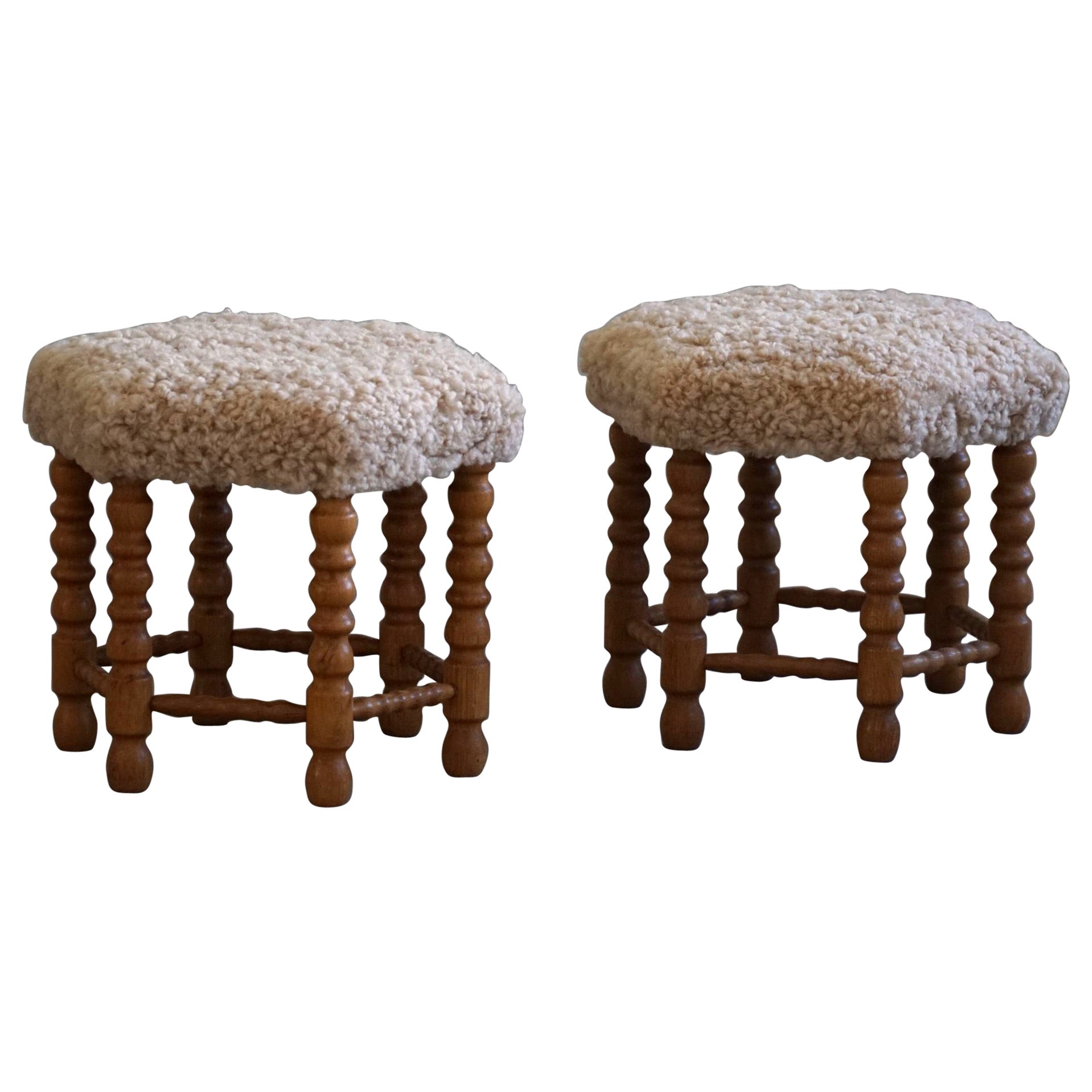 Pair of Stools in Oak, Reupholstered in Lambswool, Danish Cabinetmaker, 1950s For Sale