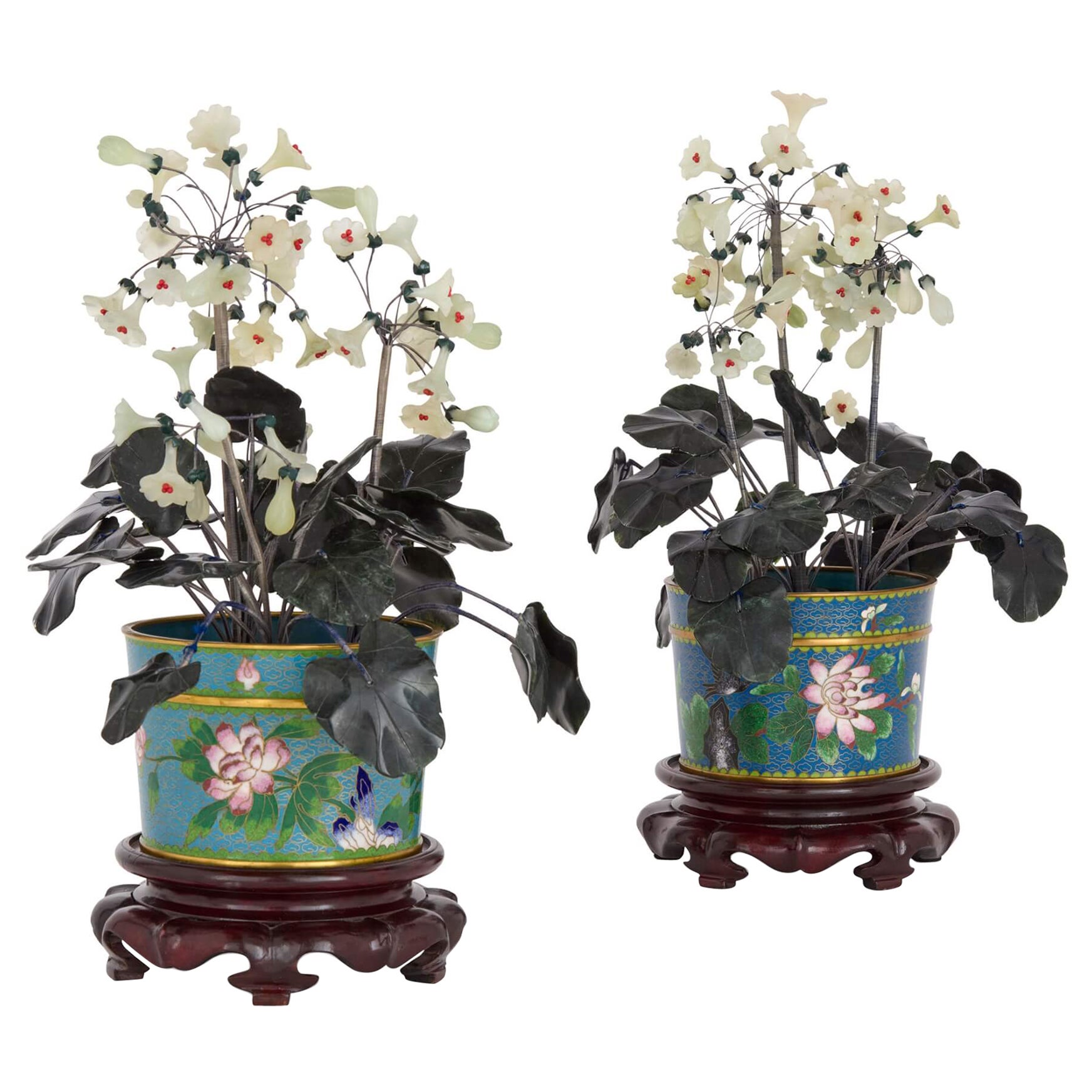 Pair of Large Chinese Hardstone, Jade and Cloisonné Enamel Flower Models For Sale