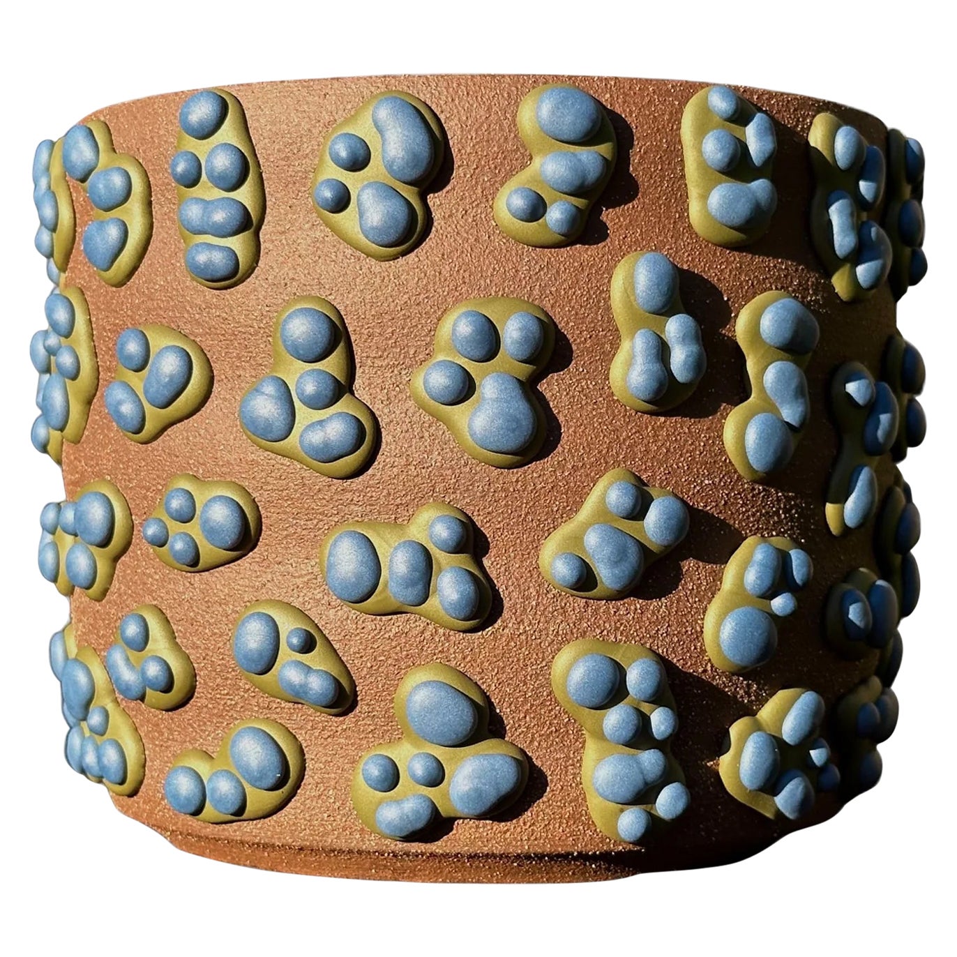 Brown Clay Amoeba Matte Glazed Planter With Blue Dots For Sale