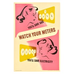Original Vintage War Energy Gas Saving Propaganda Poster Watch Your Meters WWII