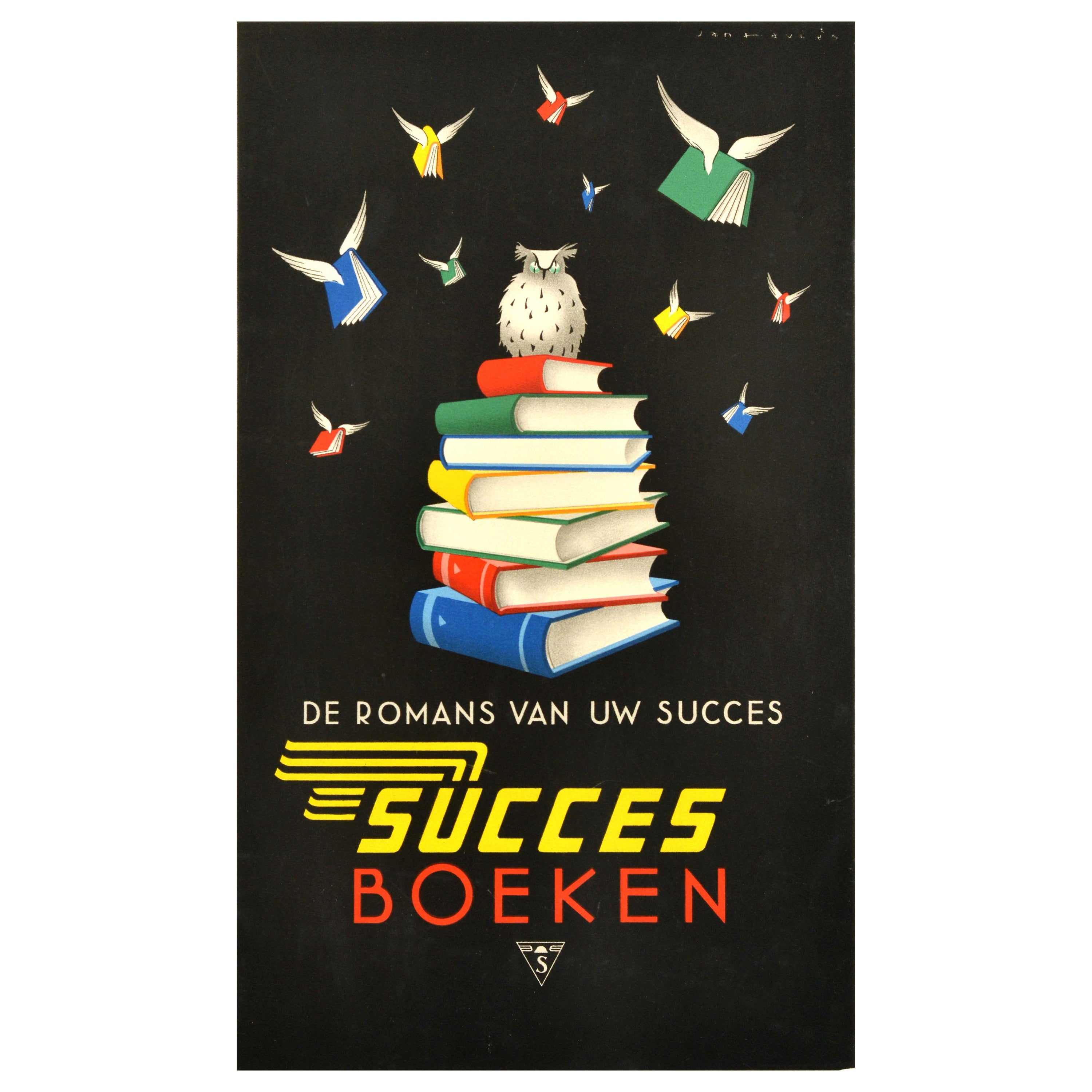 Original Vintage Book Publisher Advertising Poster Success Books Owl Reading Art For Sale
