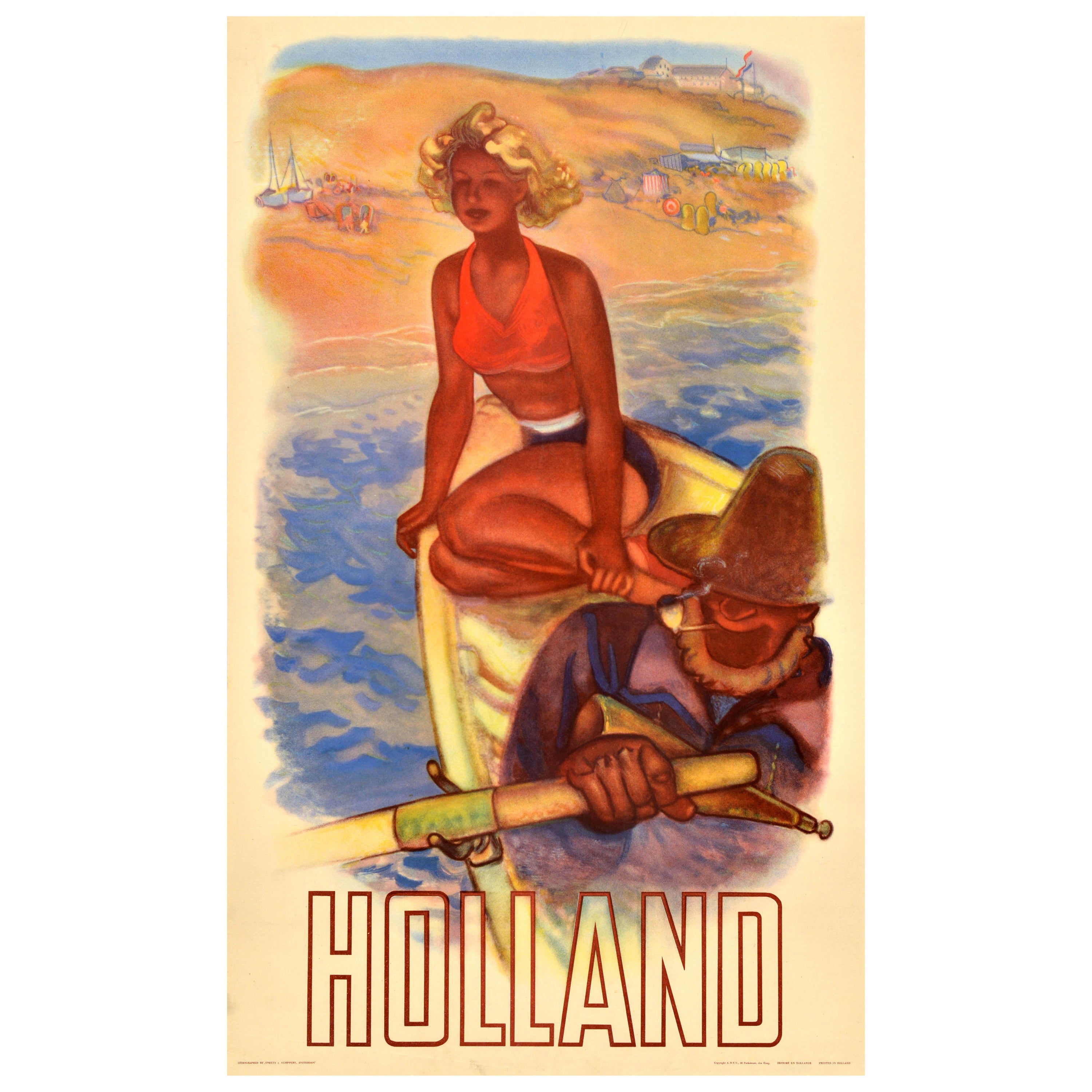 Affiche vintage originale de voyage Holland Beach Fisherman, Pays-Bas, milieu du siècle dernier en vente