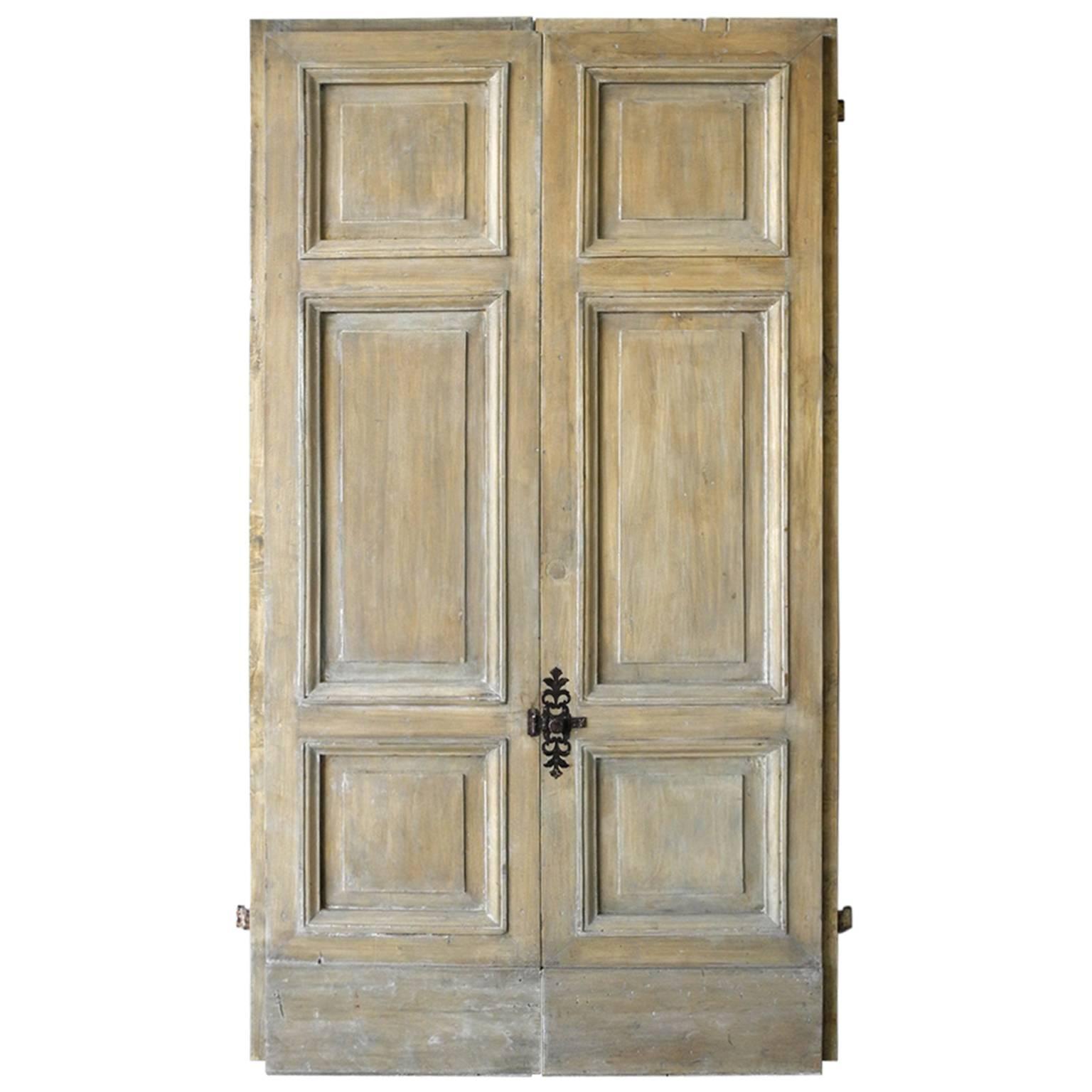 Pair of Antique Italian 18th Century Wooden Doors with Panelling & Iron Hardware For Sale