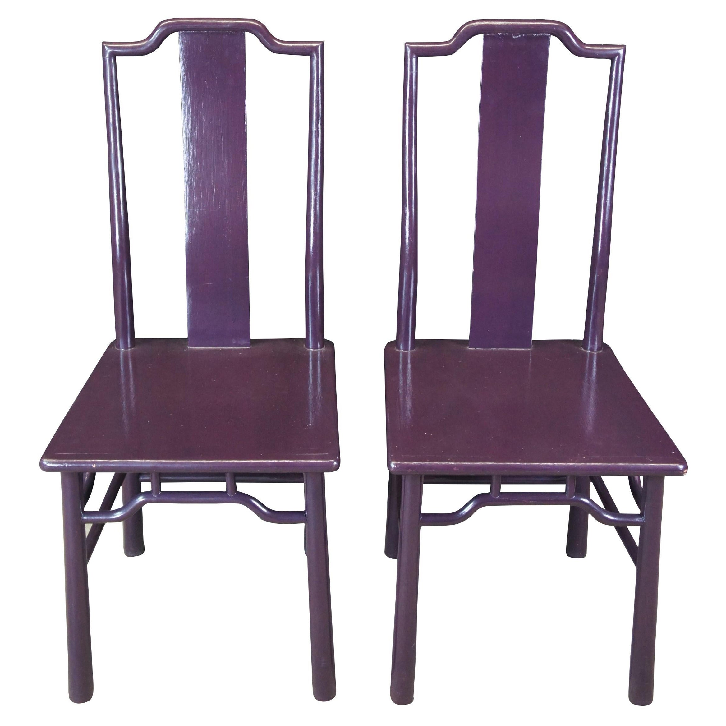 2 Chaises d'appoint à dossier à lamelles de style Ming laqué violet Chinoiserie d'époque 