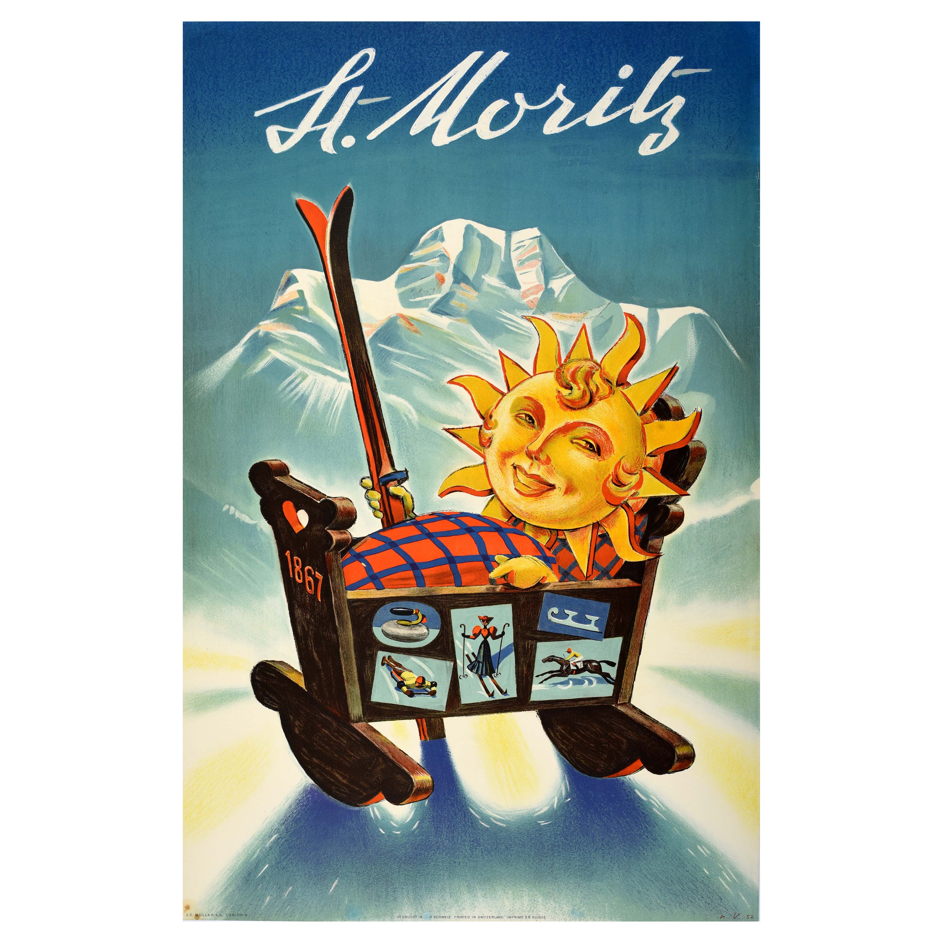 Original Vintage Winter Sport Ski Travel Poster St Moritz Sun Cradle Switzerland For Sale