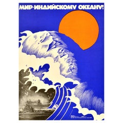Poster originale d'epoca sovietico per la pace nell'Oceano Indiano contro gli USA e l'URSS