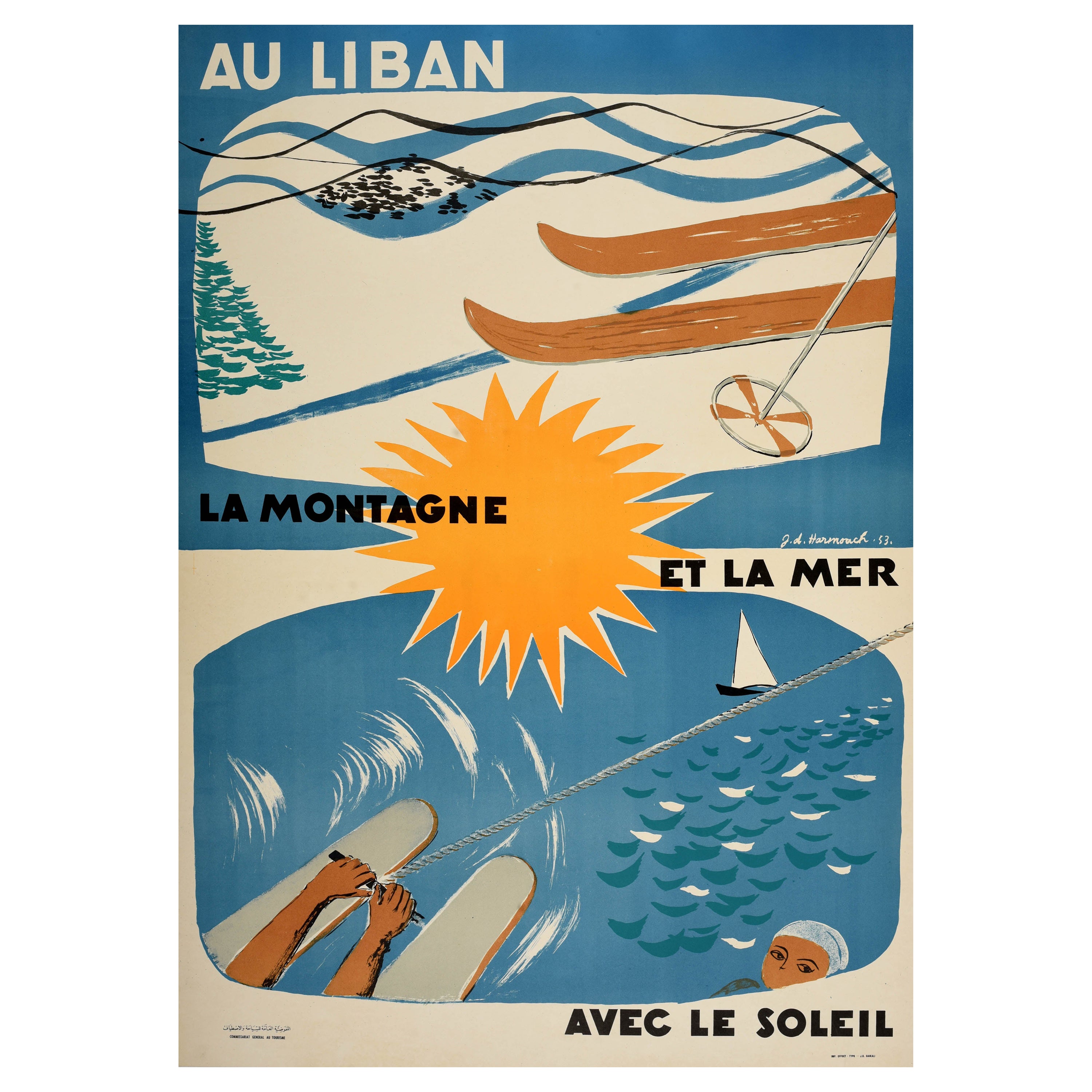 Affiche vintage originale de voyage du Moyen-Orient, Liban, Montagne, Mer, Sport en vente