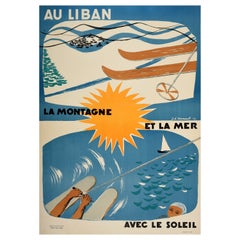 Original Retro Middle East Travel Poster Lebanon Liban Mountain Sea Sun Sport