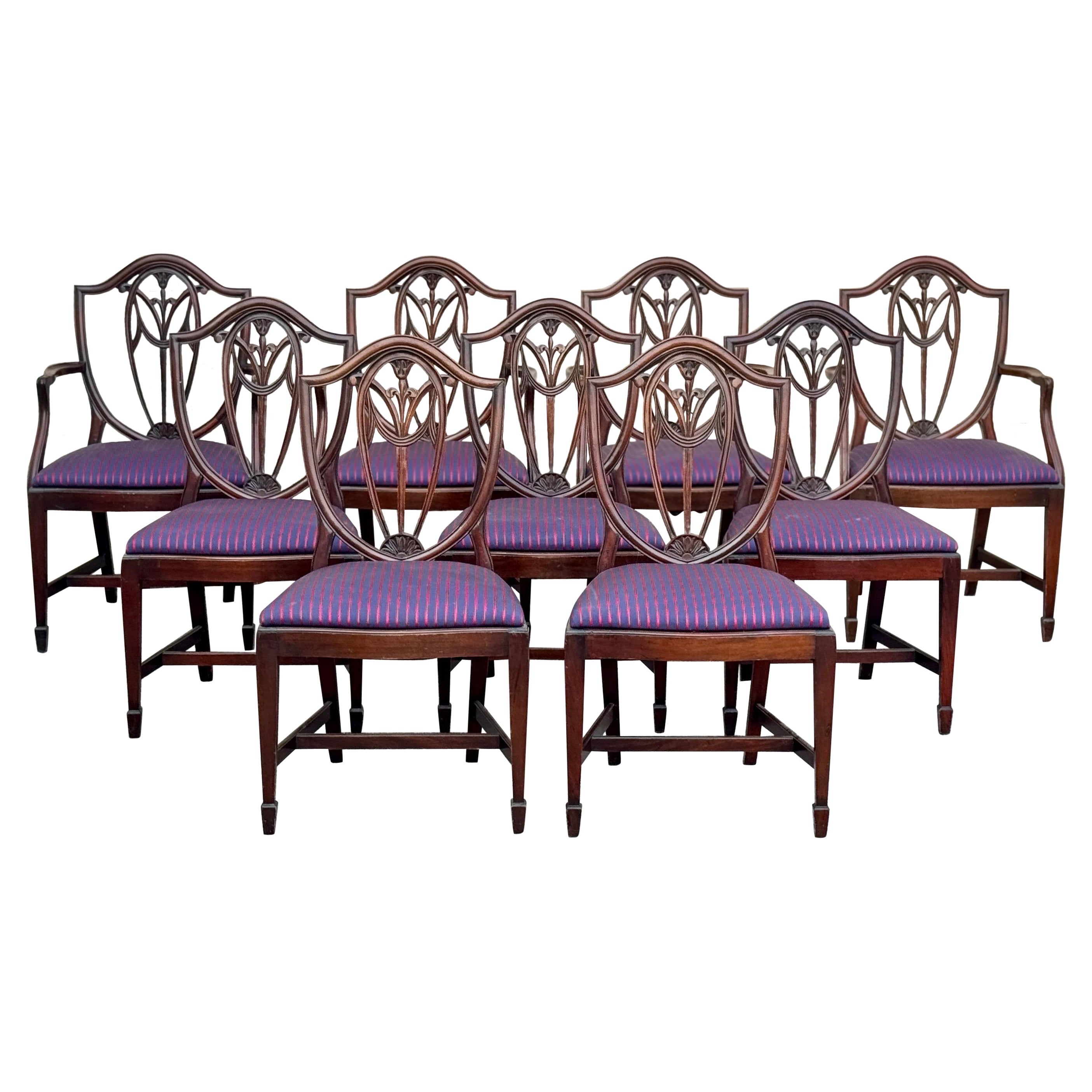 Set of Nine Vintage Sheraton Style Carved Shield Back Dining Chairs For Sale