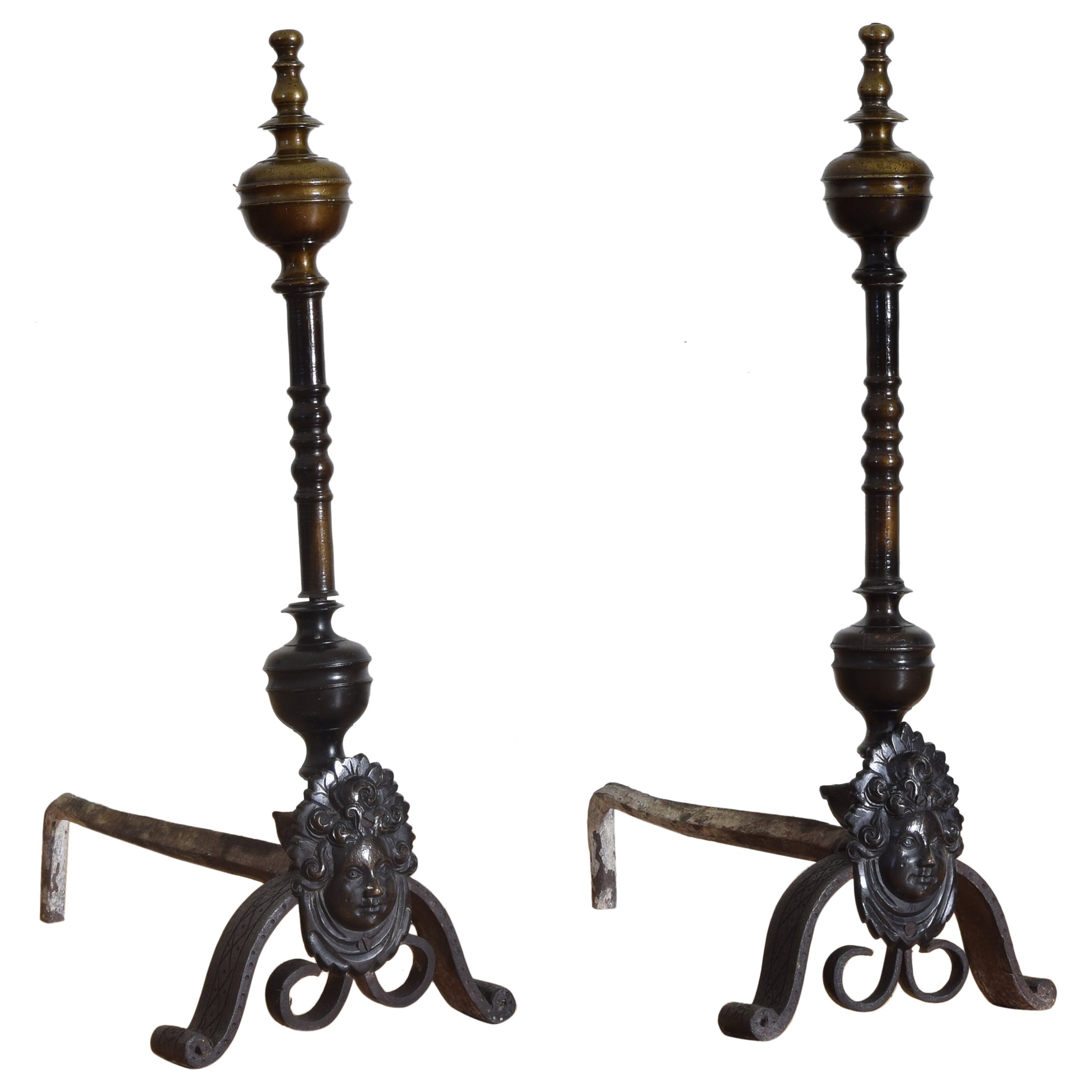 Pair French Louis XIV Period Brass & Wrought Iron Andirons, early 18th century For Sale