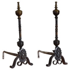 Antique Pair French Louis XIV Period Brass & Wrought Iron Andirons, early 18th century