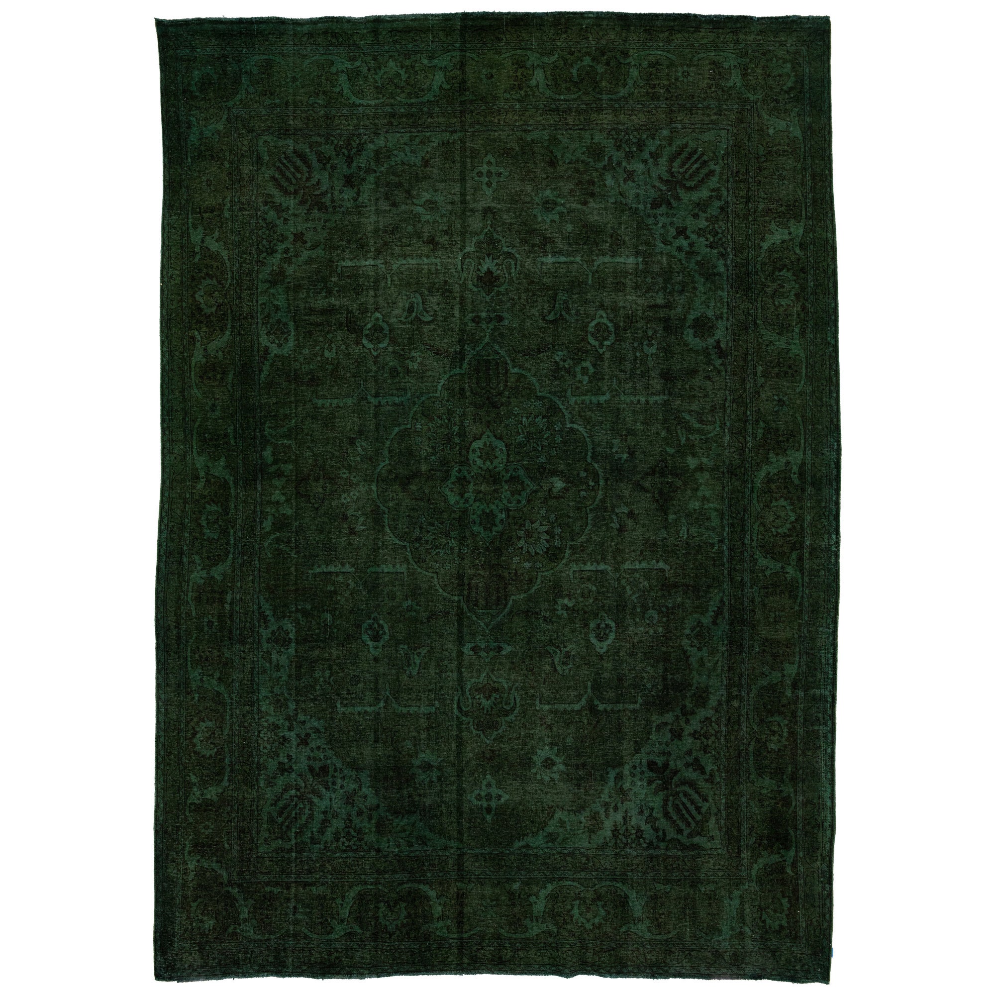 11 x 16 Antique Overdyed Persian Wool Rug With Medallion Design In Green For Sale