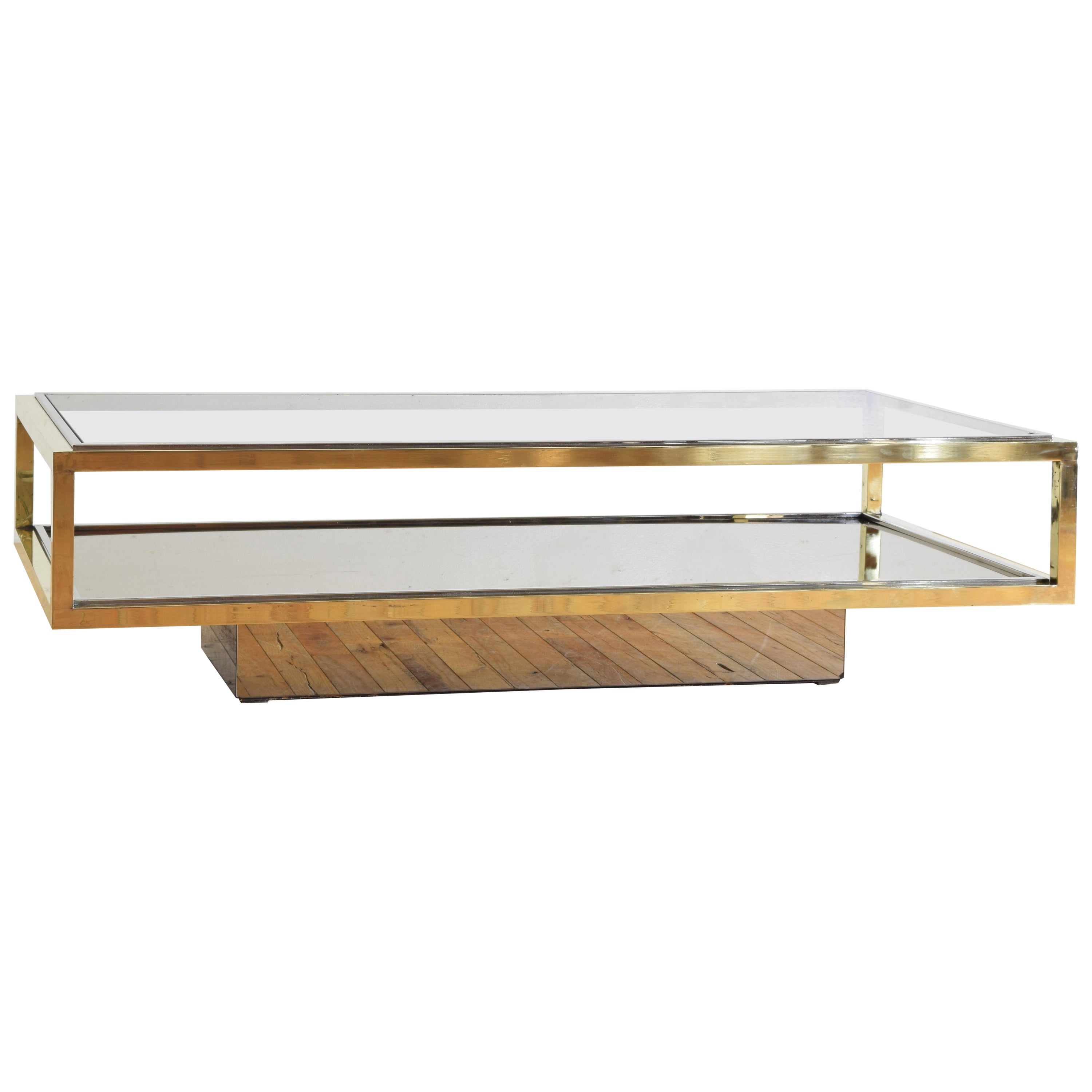 Italian Brass, Chrome, Mirrored, & Glass Coffee Table, likely 1970’s For Sale