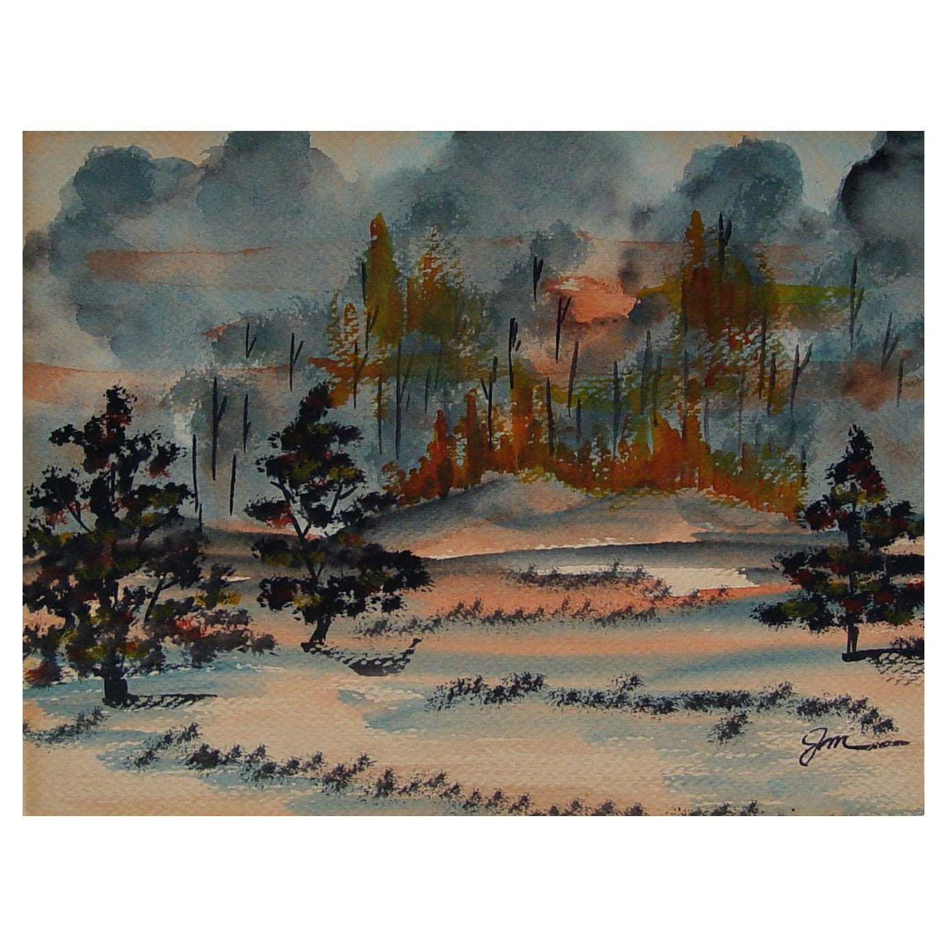 1948 Cheyenne Mountain Forest Fire Watercolor Painting For Sale