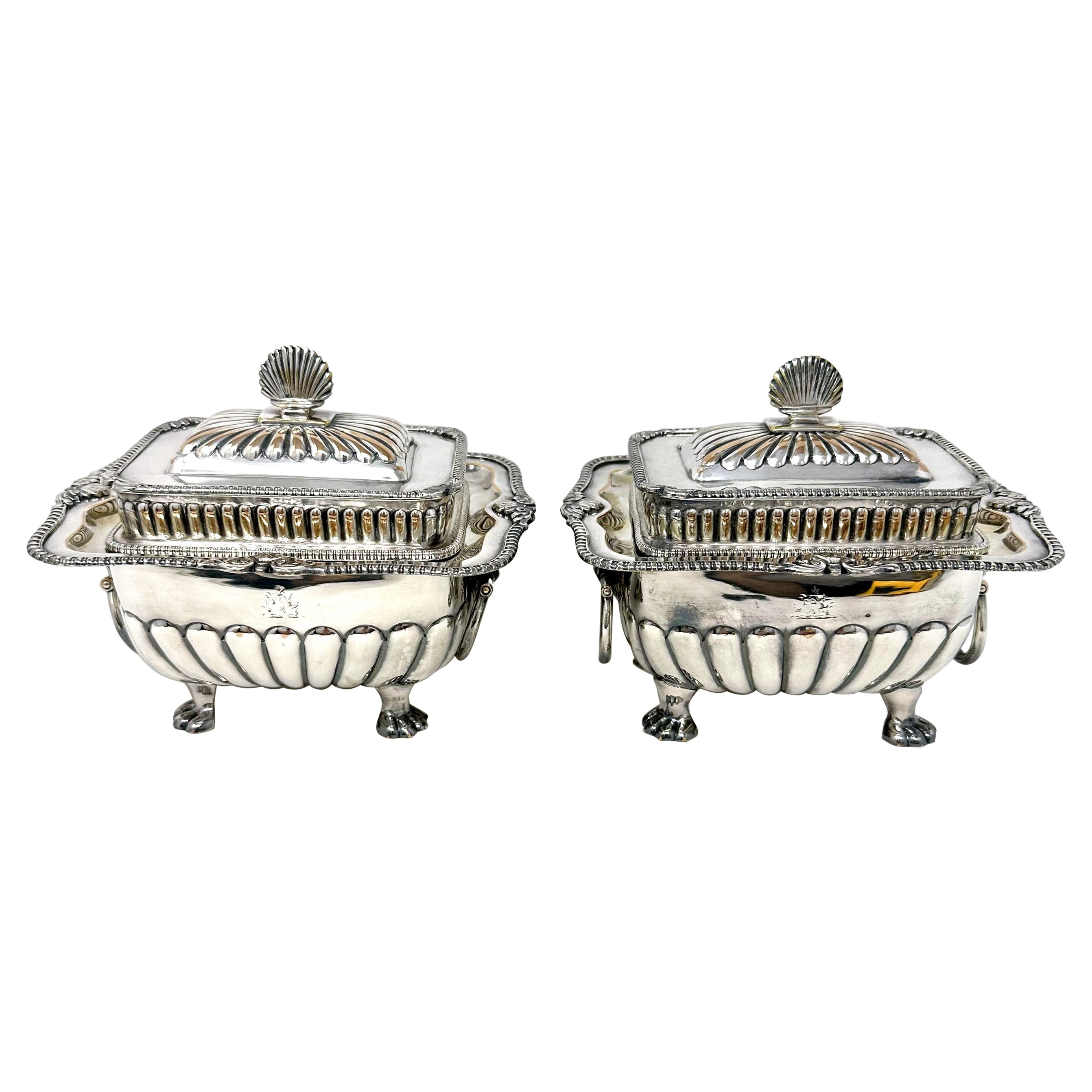 Pair Antique English Sheffield Silver Tureens, Circa 1880. For Sale