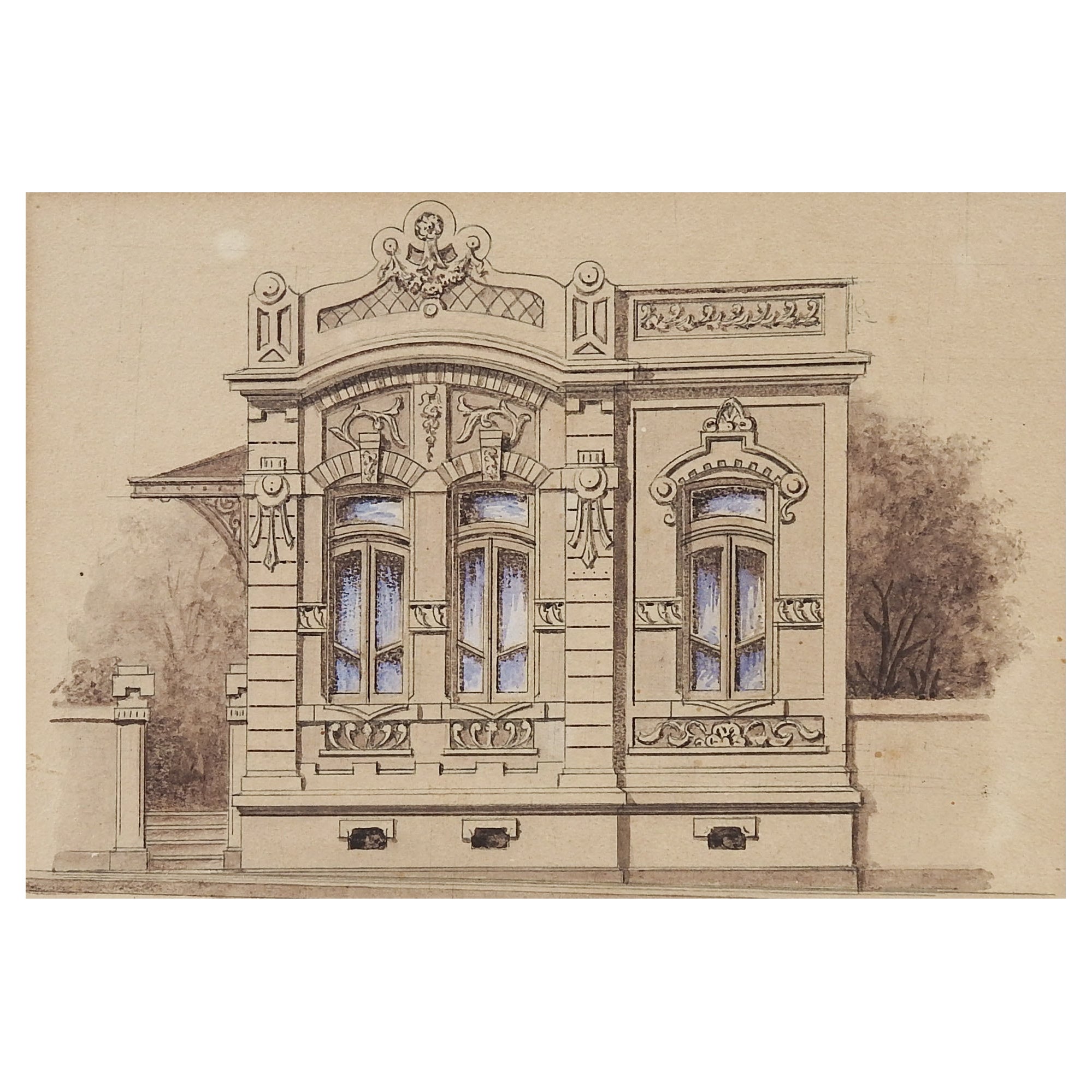 Antique Circa 1900 Architectural Rendering Watercolor Painting