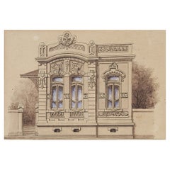 Peinture à l'aquarelle ancienne Circa 1900 d'un rendu architectural