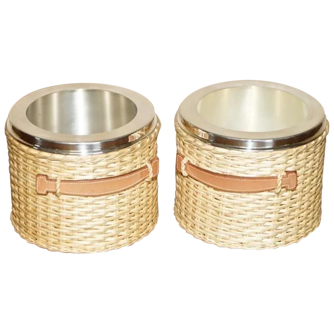 PAiR OF HERMES KELLY WICKER & BROWN LEATHER PICNIC CHAMPAGNE BUCKETS PART SUITE For Sale