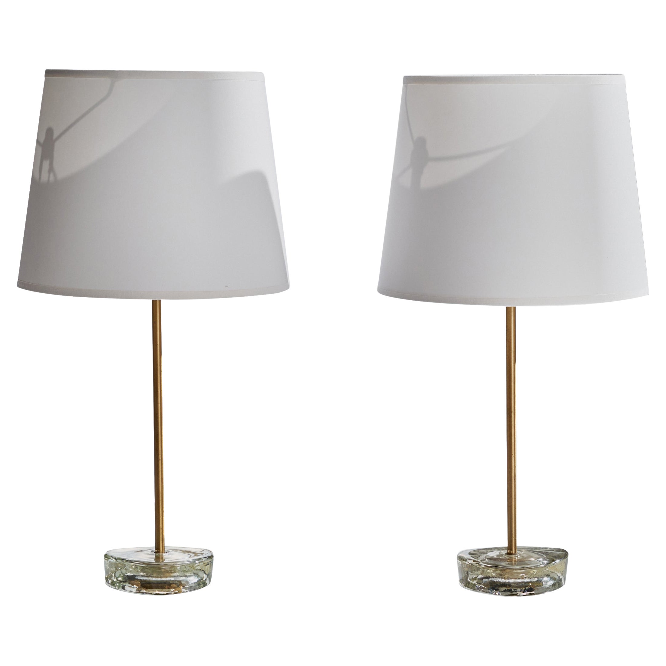 Nybro Armaturfabrik, Table Lamps, Brass, Glass, Sweden, 1960s For Sale