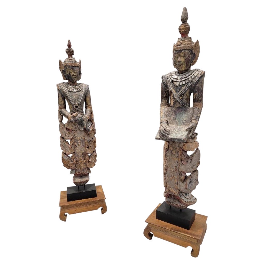 Antique Burmese Short Lacquered Wood Sculptures w/ Inlaid Colored Glass - Pair For Sale