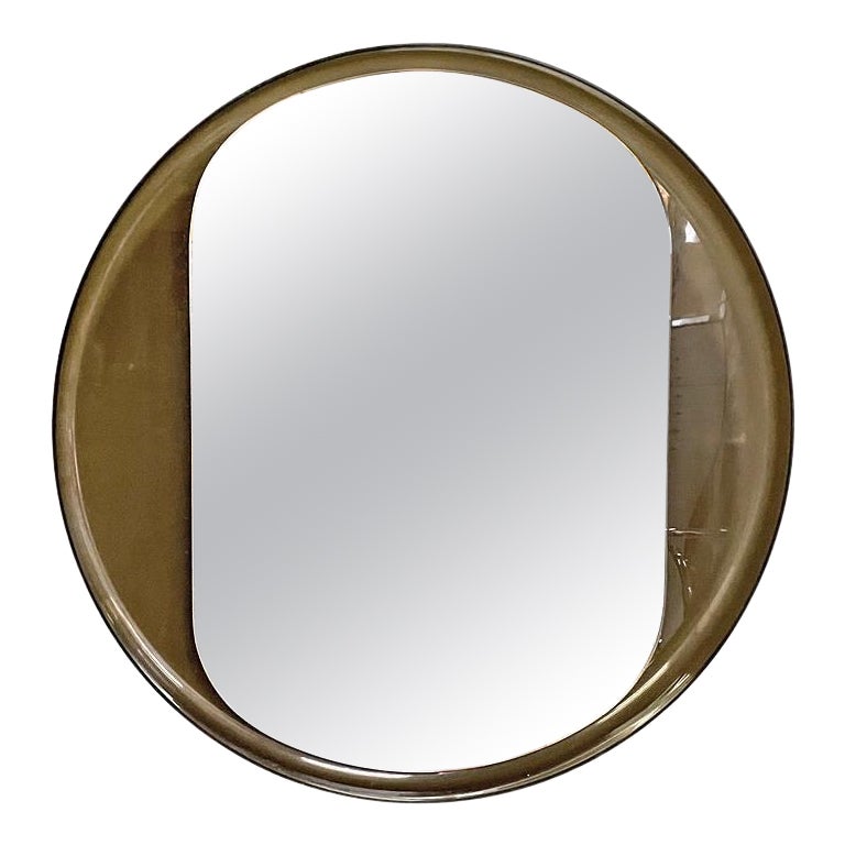 Italian modern round wall mirror in semitransparent brown plastic, 1970s 