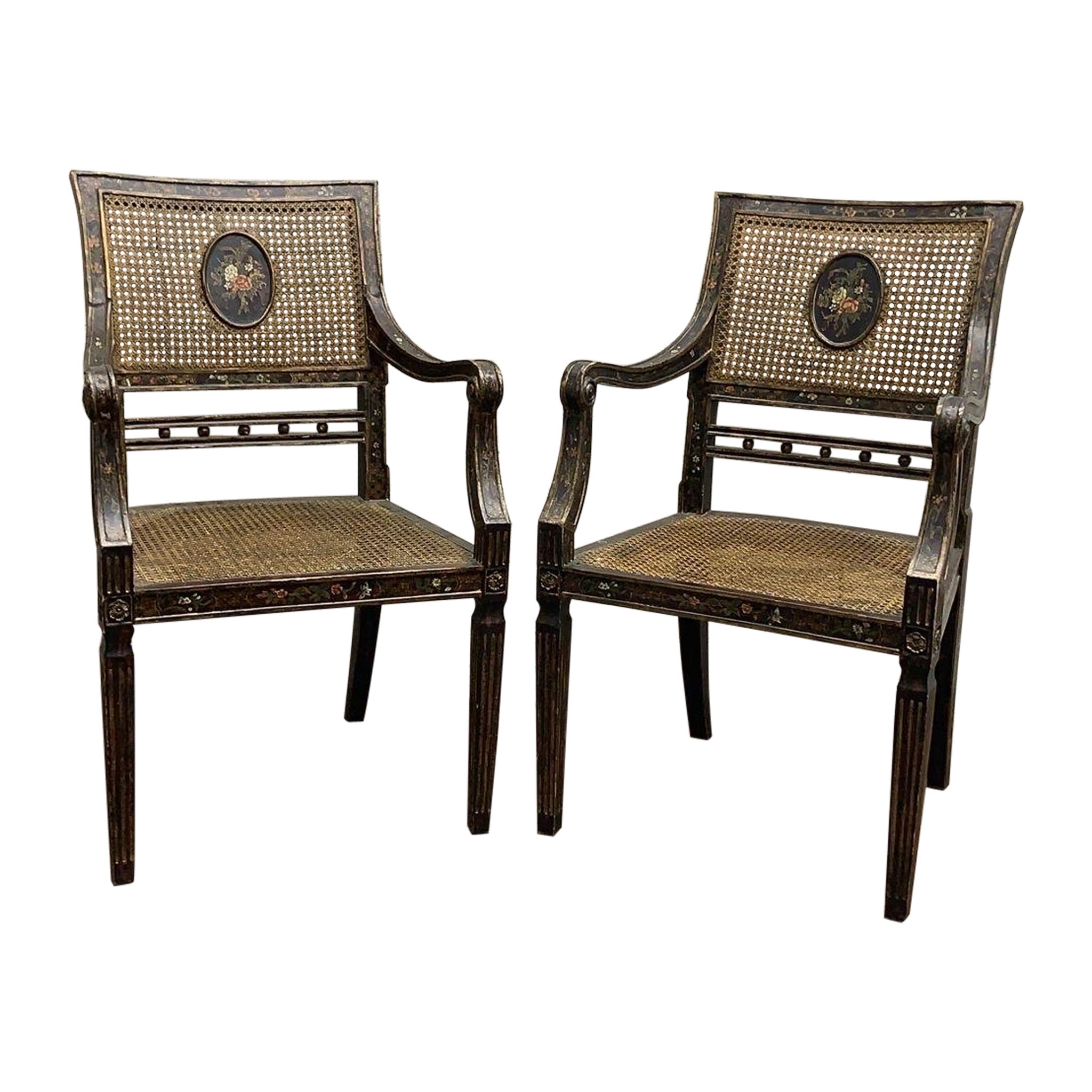 Antique English Regency Hand-Painted Cane-Back Medallion Armchairs- Pair For Sale