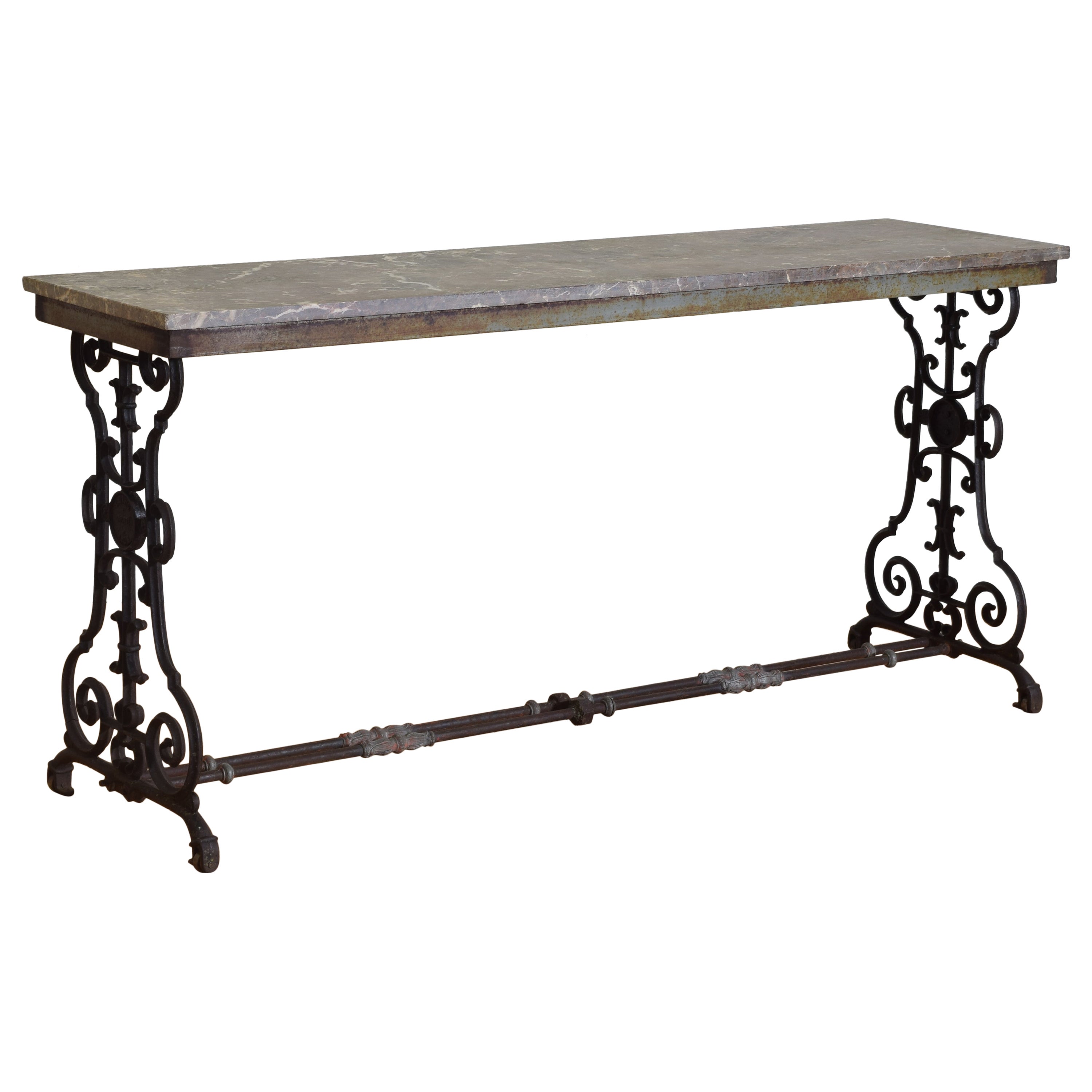 French Wrought Iron & Marble Garden Table, L. David, Lyon, 1st quarter 20th cen. For Sale