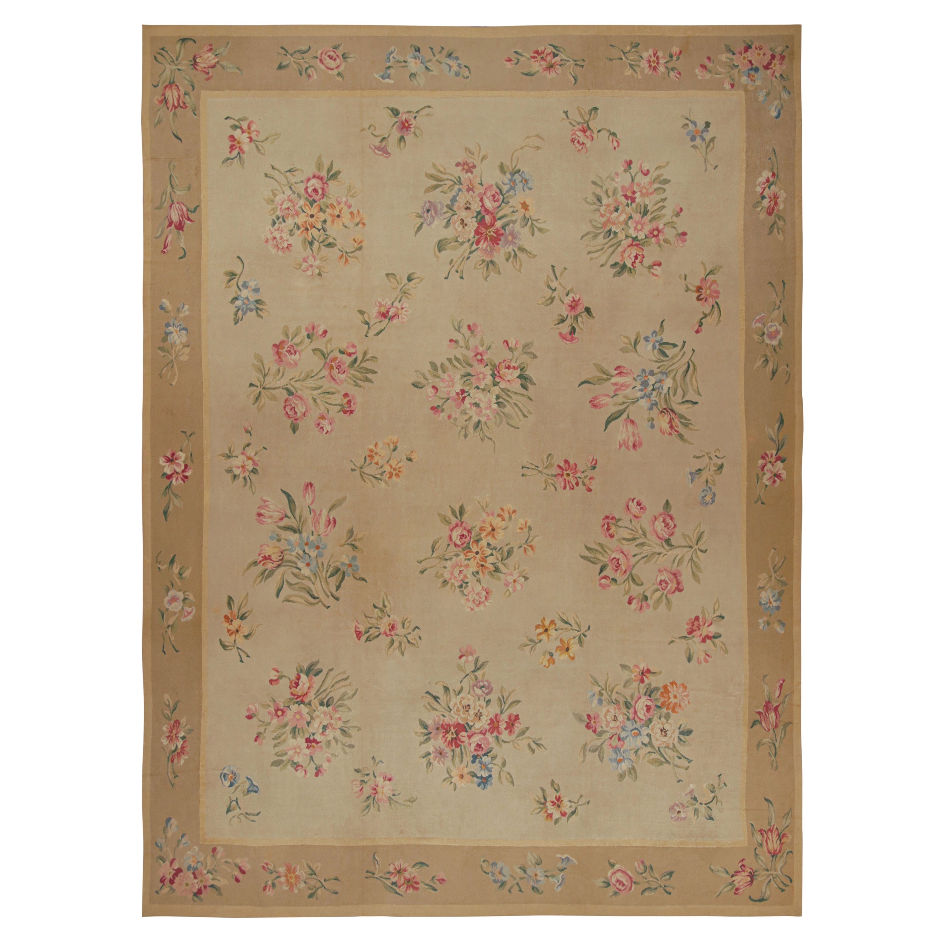 Antique Aubusson Rug in Beige-Brown with Floral Patterns, from Rug & Kilim