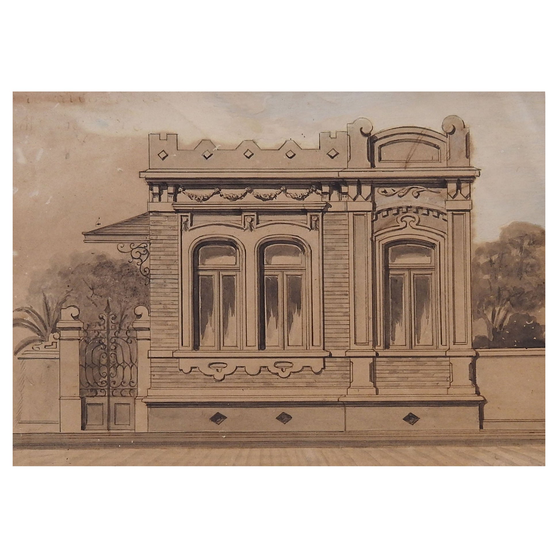 Antique Circa 1900 Architectural Watercolor Painting For Sale