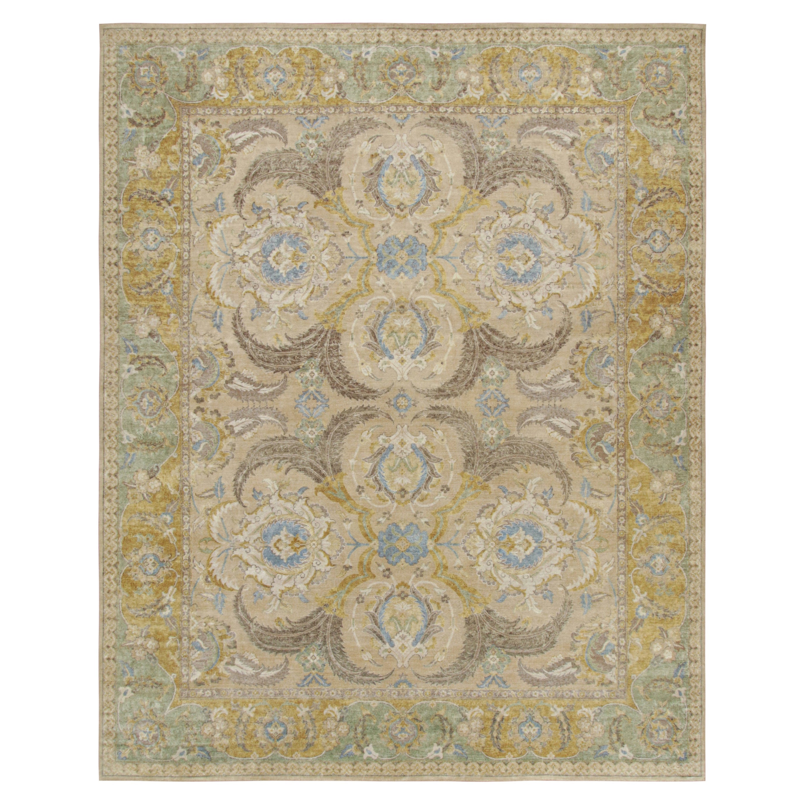 Rug & Kilim’s Polonaise Style rug in Beige with Gold and Blue Floral Patterns For Sale