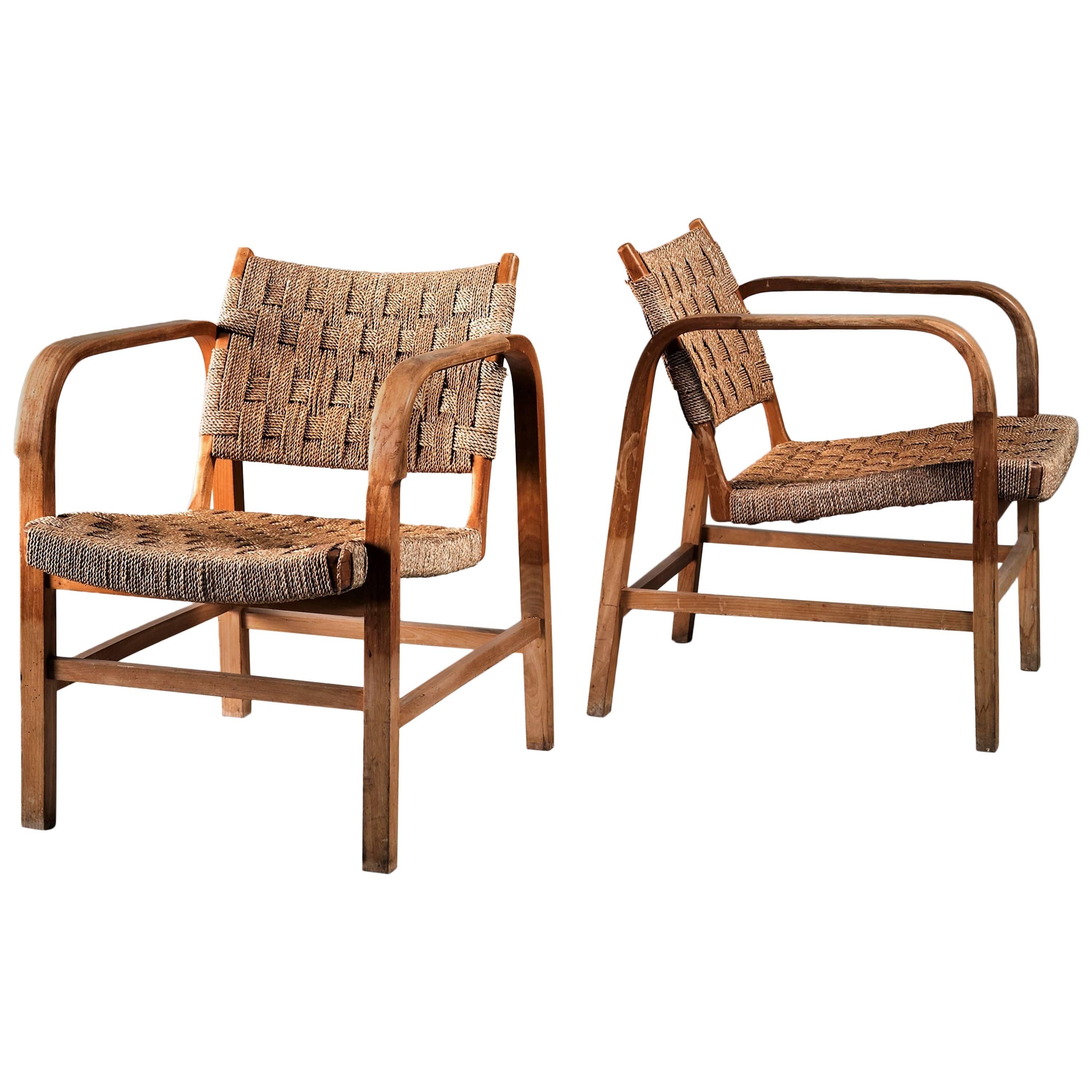Magnus Stephensen Pair of Bent Beech and Seagrass Armchairs, Denmark, 1930s For Sale