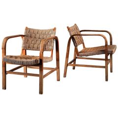 Magnus Stephensen Pair of Bent Beech and Seagrass Armchairs, Denmark, 1930s