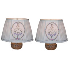 Pair of Custom Linen Lampshades with Hand-Embroidered Panels from the 1940s