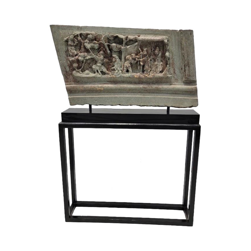 Antique Chinese Hand Sculpted Grey Stone Panel with Stand