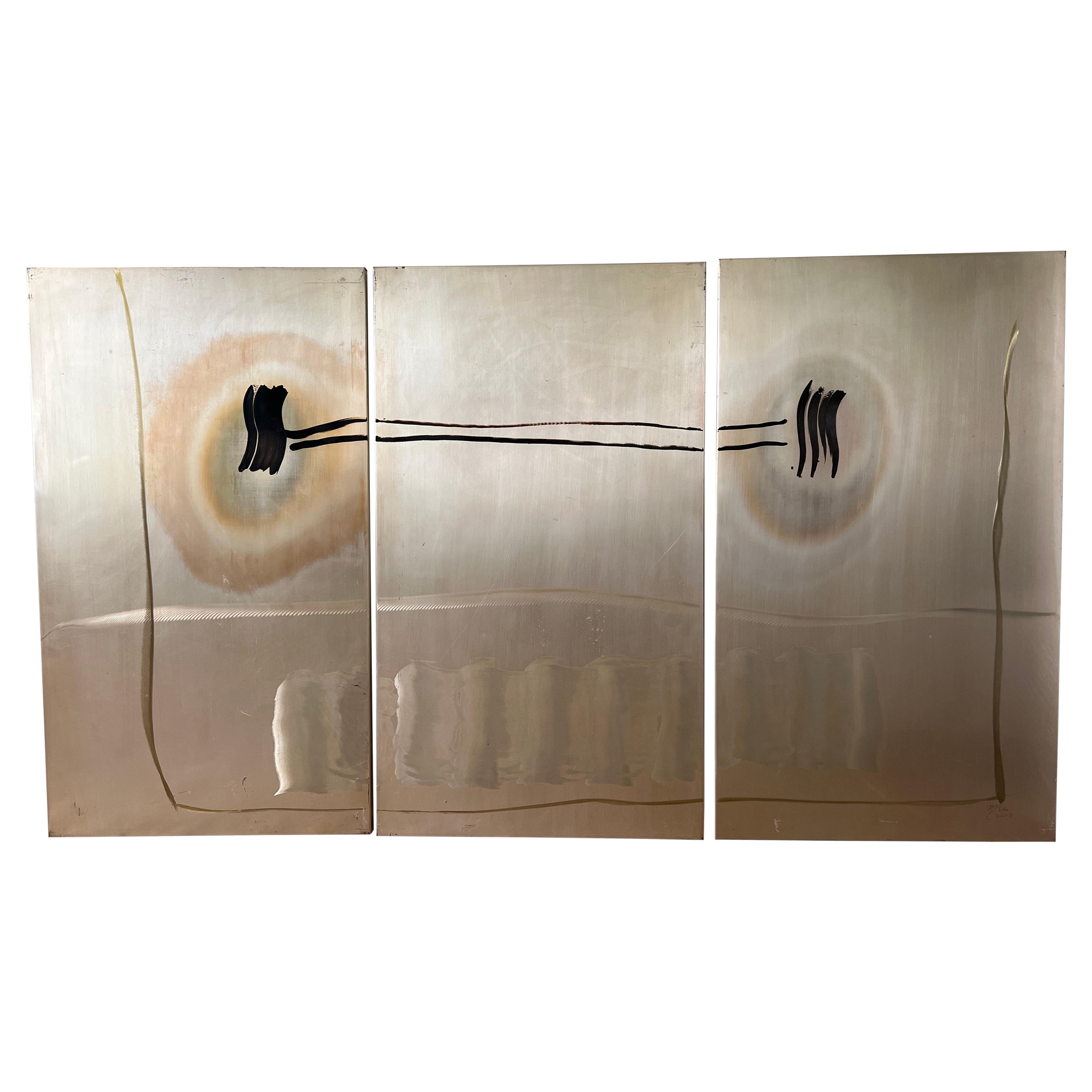 Brutalist Acid Etched Abstract Modern Wall Art Panels - signed M. Pena For Sale
