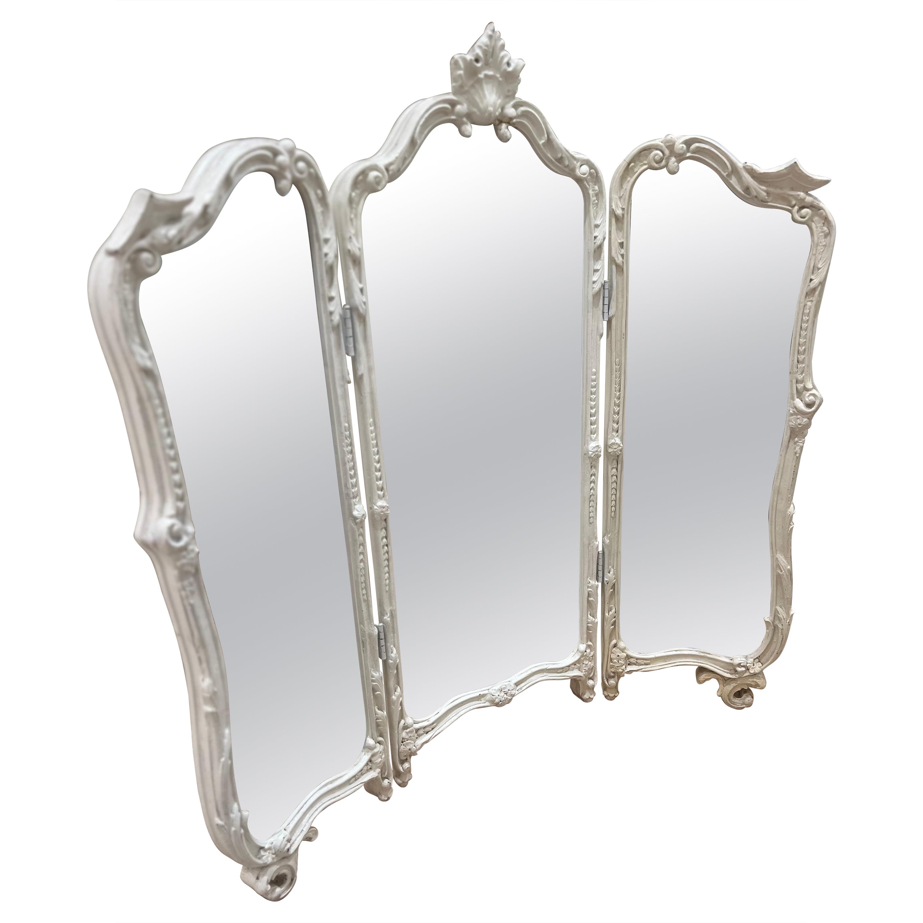 Antique French Carved Tri-Fold Vanity Mirror - White Laquer For Sale